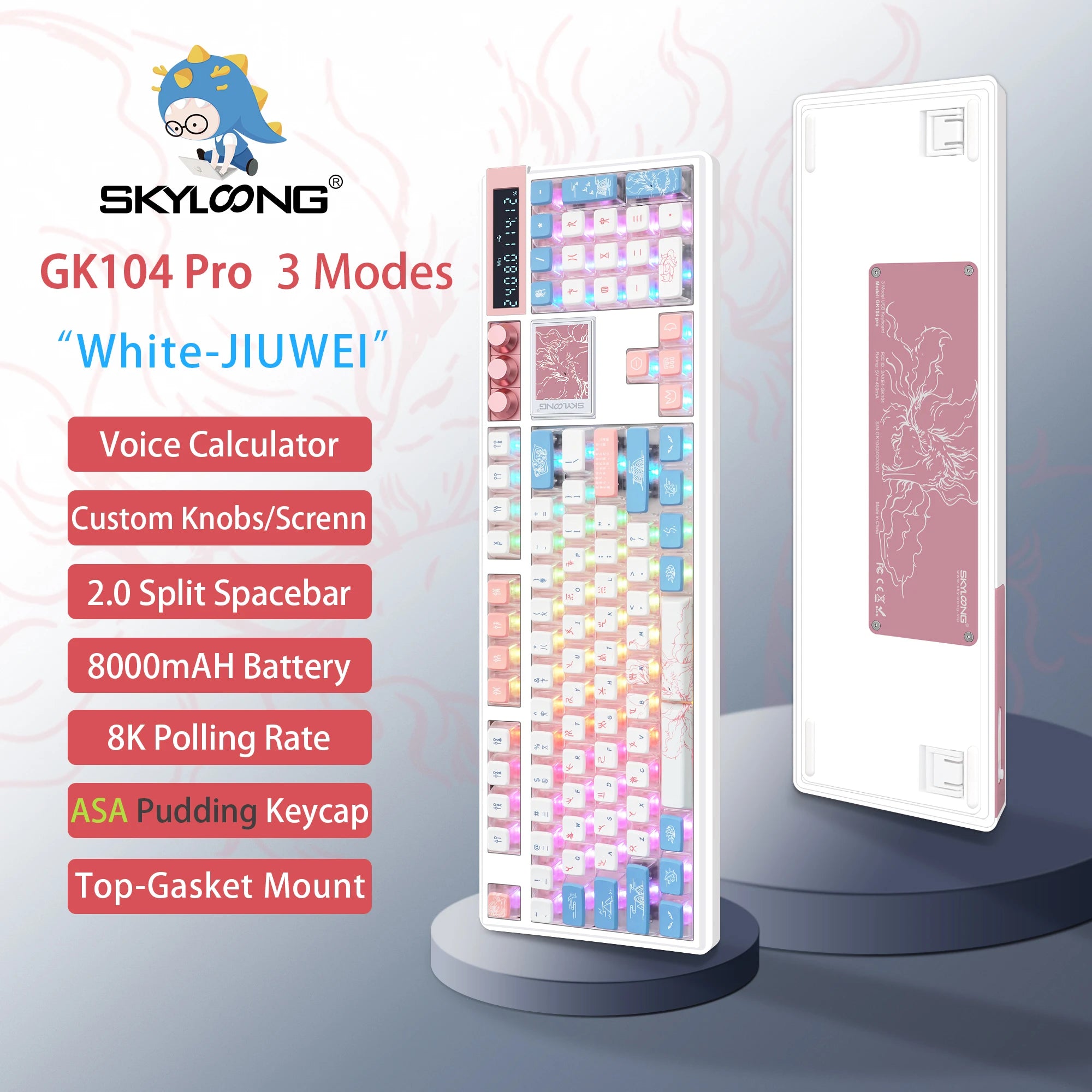 SKYLOONG GK104 Pro Wireless Mechanical Keyboar Full-Size Keyboard Screen&3Knobs RGB Backlit Voice Calculator 8K Polling Rate