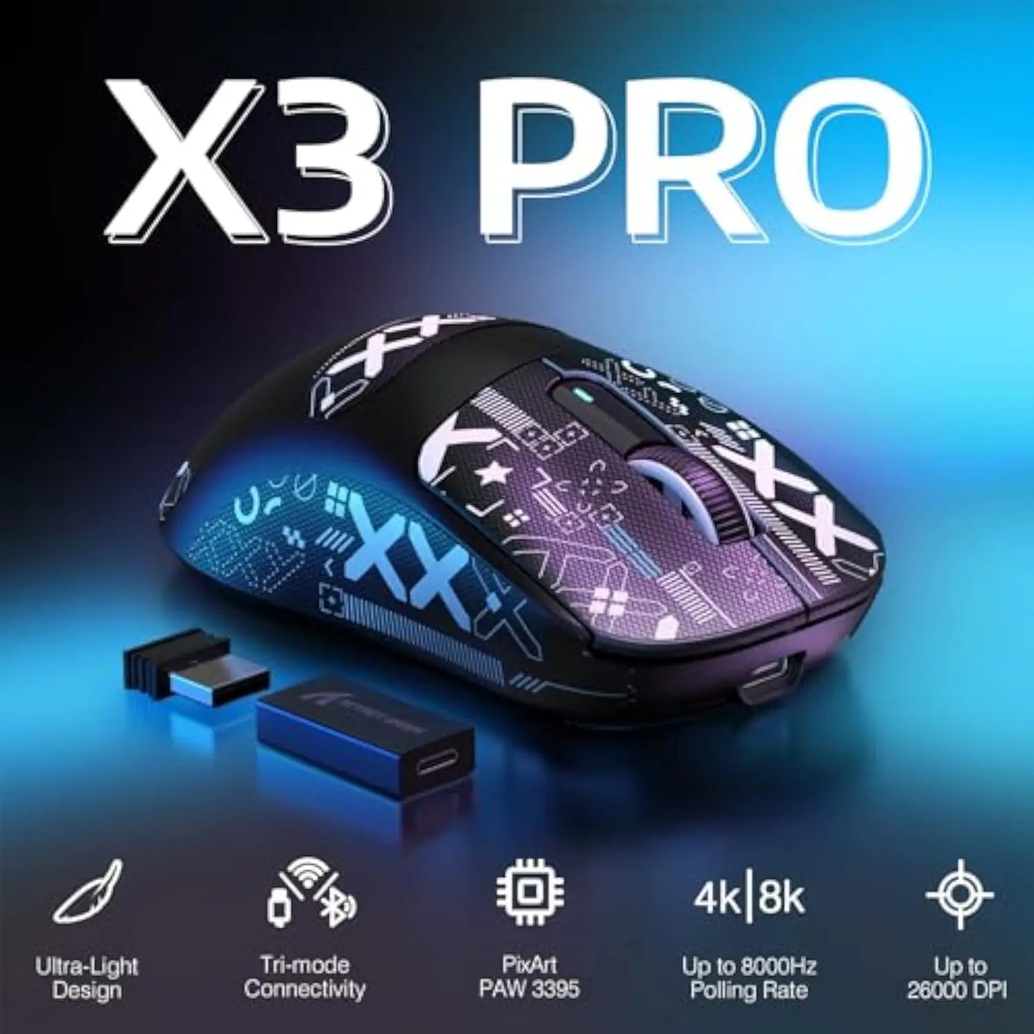 Attack Shark X3Pro Wireless Bluetooth Gaming Mouse PixArt PAW3395 26000dpi Optical Mouse Tri-Mode Connection Macro Gaming Mouse