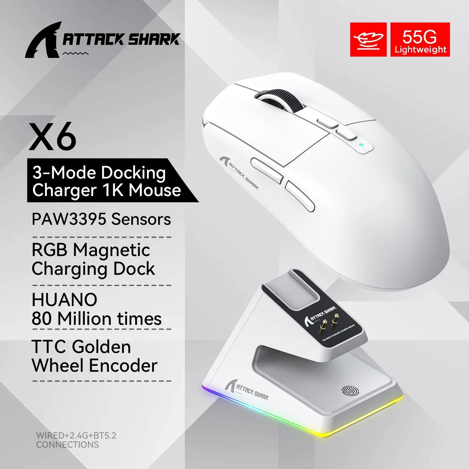 Attack Shark X11 X6 X3 R1 Wireless Gaming Mouse, RGB, Ergonomic, Macro Functions, Ultra-Light, Tri-Mode Bluetooth 2.4G Wired