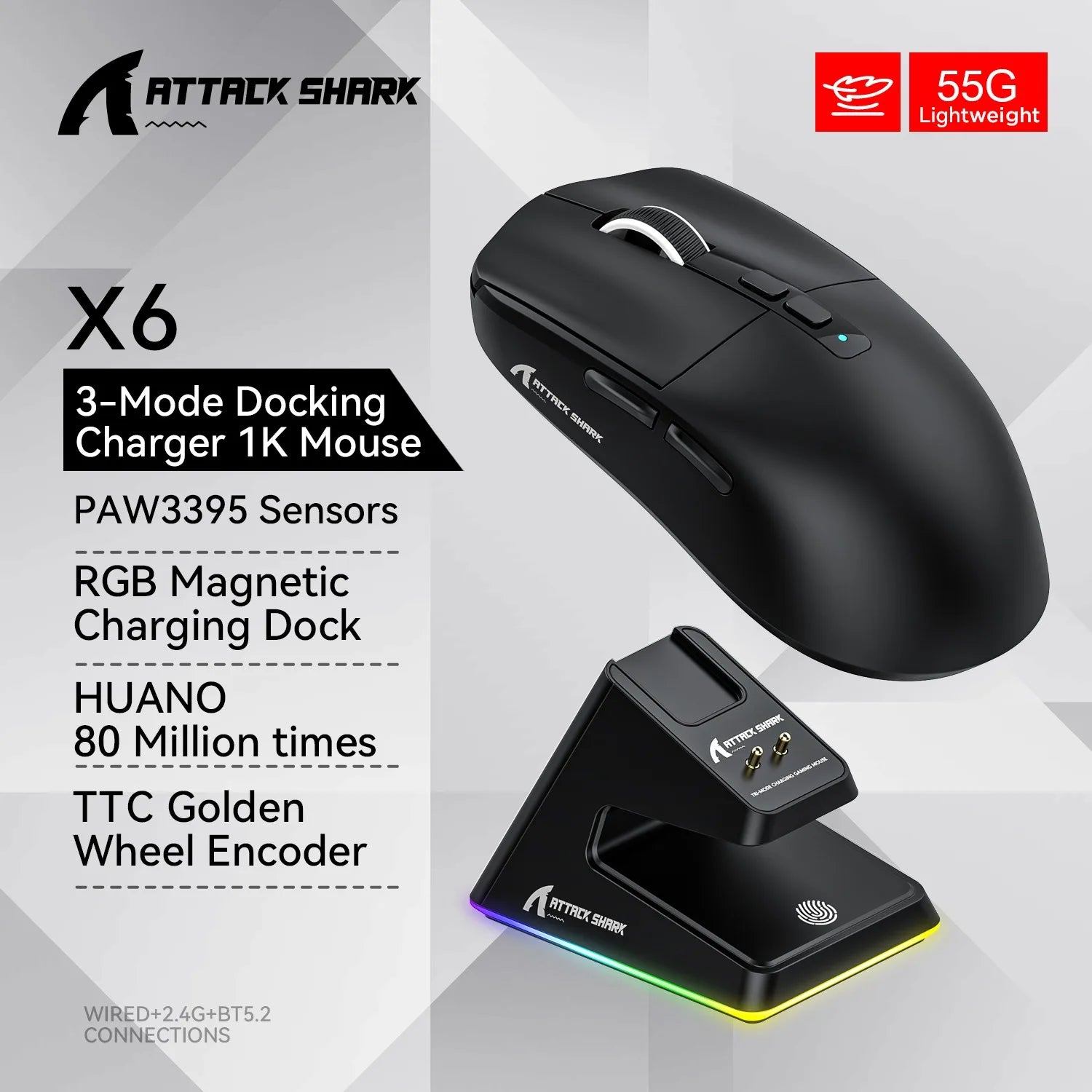 Attack Shark X11 X6 X3 R1 Wireless Gaming Mouse, RGB, Ergonomic, Macro Functions, Ultra-Light, Tri-Mode Bluetooth 2.4G Wired