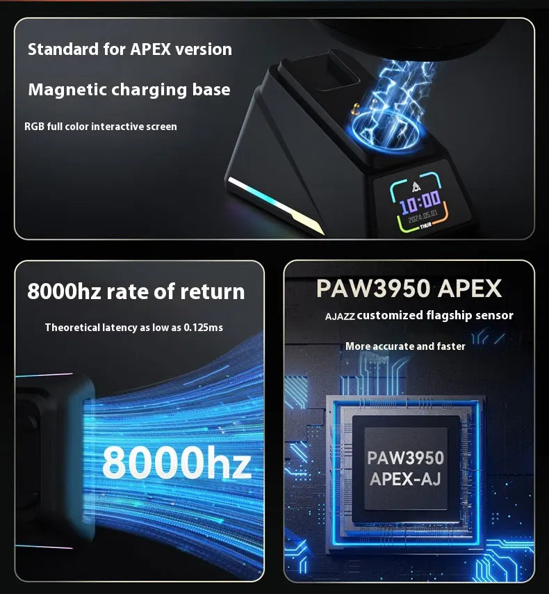 AJAZZ AJ179 APEX PAW3950 3000DPI 8Khz Wireless Gaming Mouse Right Handed Ergonomic Mouse with RGB Magnetic Screen Charging Base