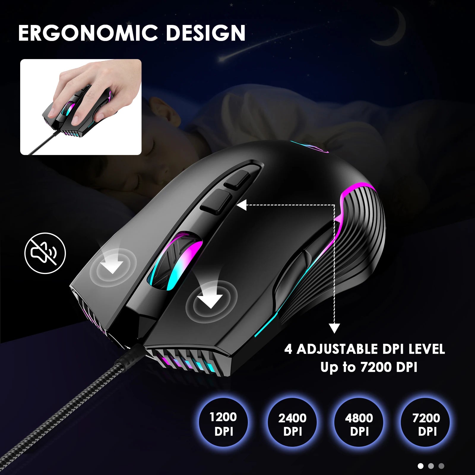 Ergonomic Dual USB-C/USB-A Interface Wired Gaming Mouse with Mouse Jiggler/Backlit,7200DPI Adjustable Optical Mice for Win/Mac