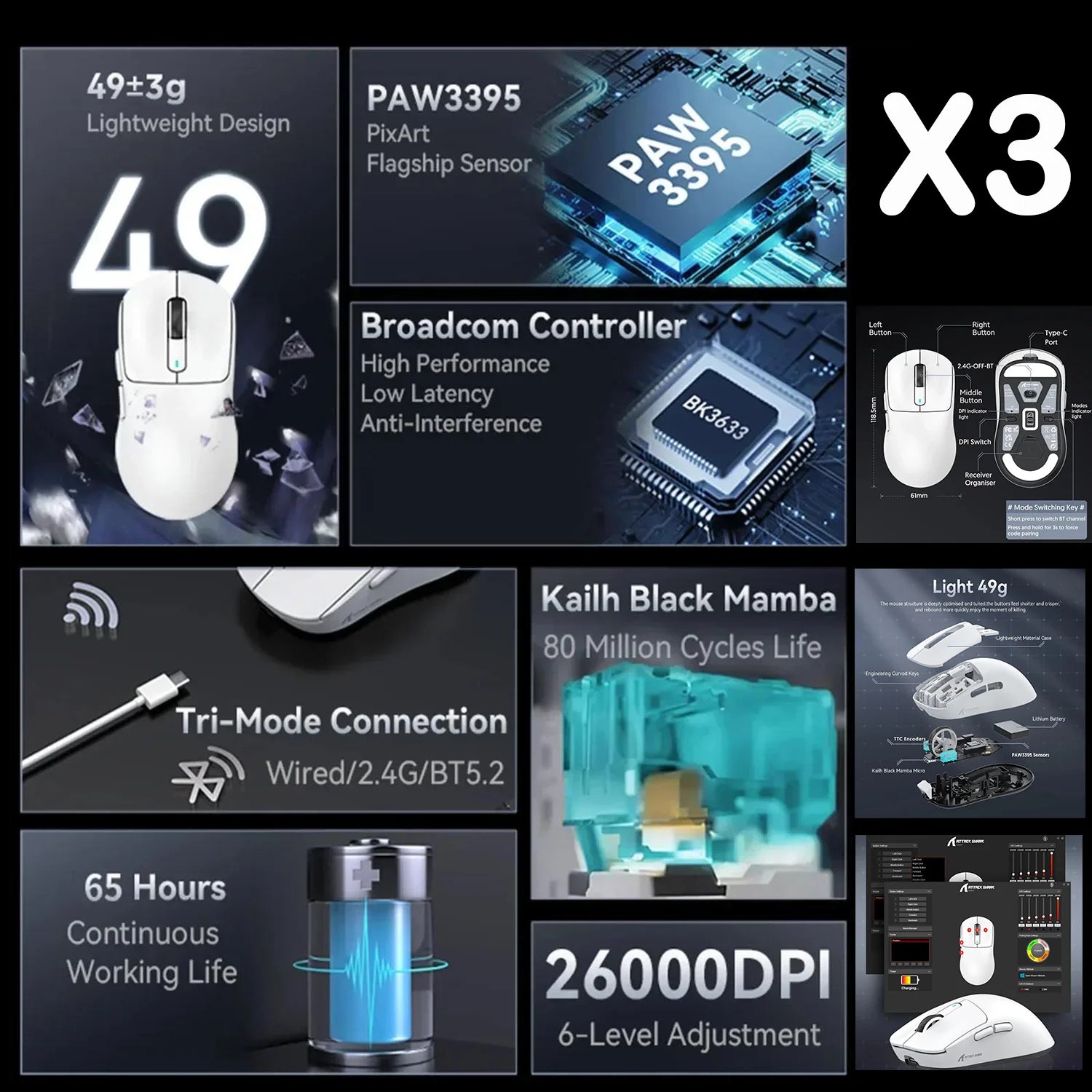 Attack Shark X11 X6 X3 R1 Wireless Gaming Mouse, RGB, Ergonomic, Macro Functions, Ultra-Light, Tri-Mode Bluetooth 2.4G Wired