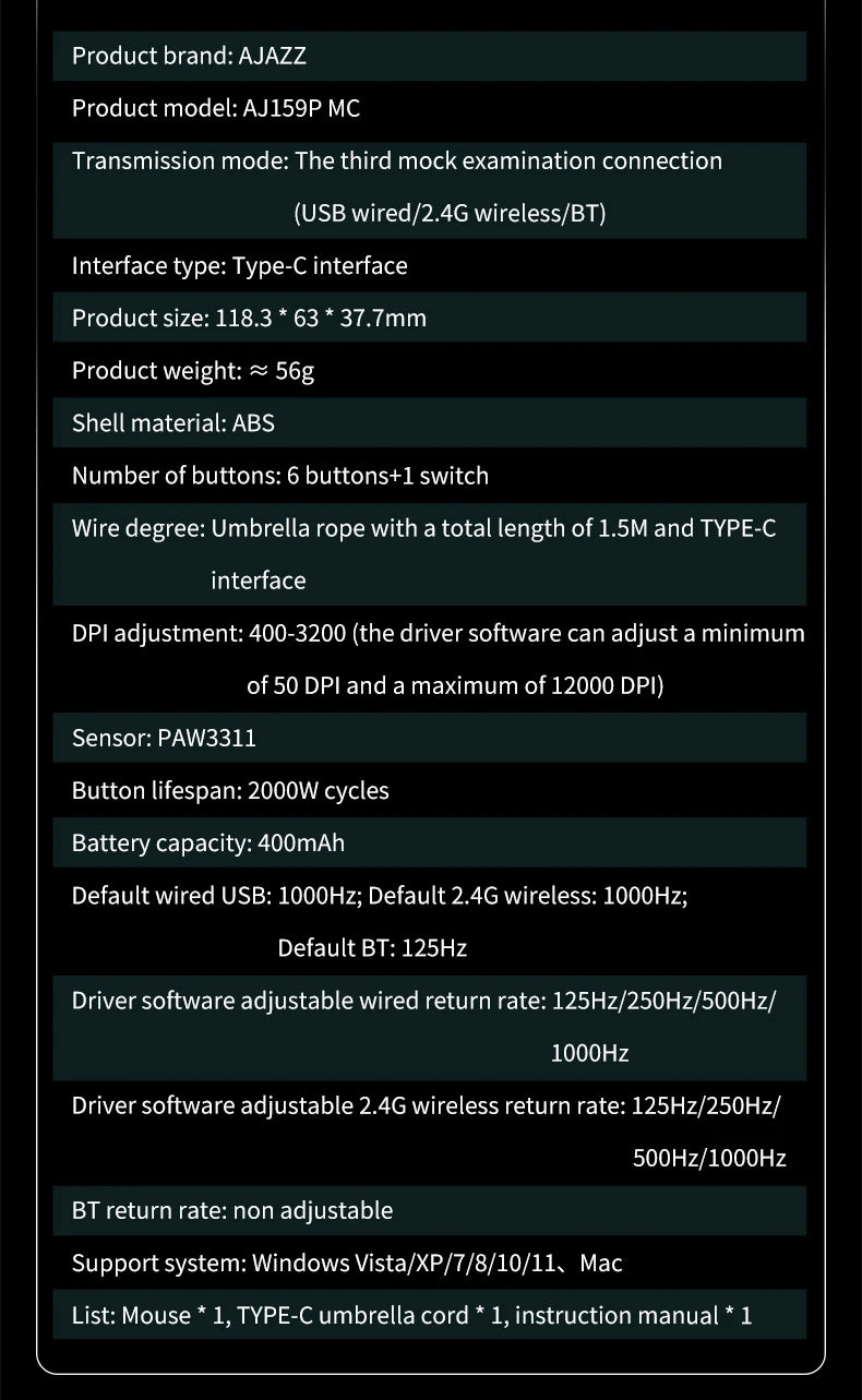 AJAZZ AJ159P MC Tri-mode Wired BT Wireless Gaming Mouse with Magnetic Charging Base Max 12000DPI Gaming Mouse for PC