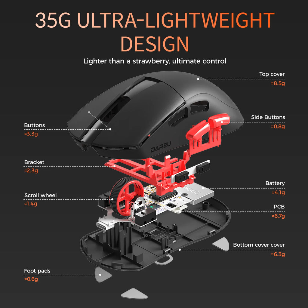 DAREU Dual-mode Gaming Mouse 8Khz 2.4G Wireless Wired 35g Lightweight 30000 DPI AIM-750 Sensor Macro Gamer Mouse