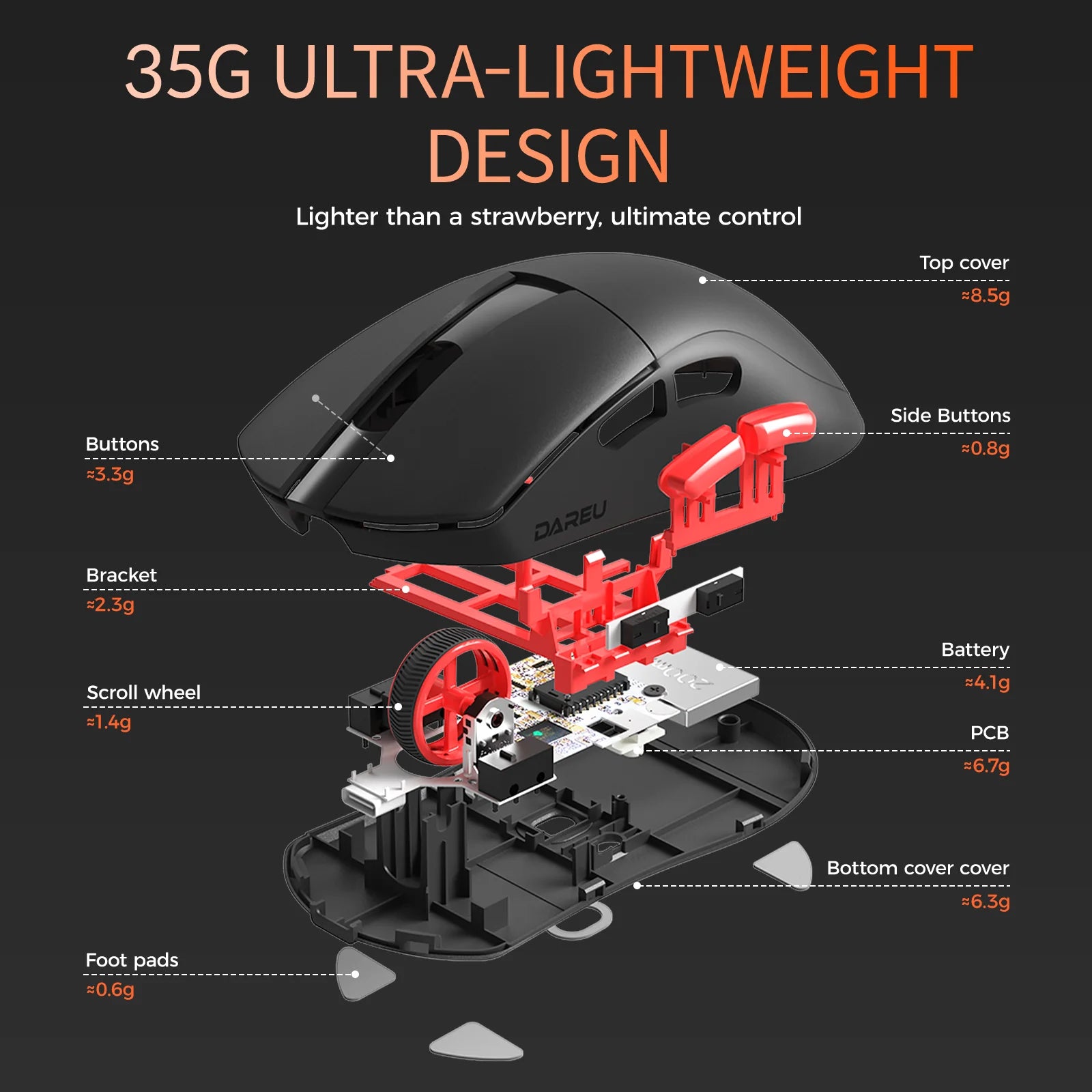 DAREU Dual-mode Gaming Mouse 8Khz 2.4G Wireless Wired 35g Lightweight 30000 DPI AIM-750 Sensor Macro Gamer Mouse