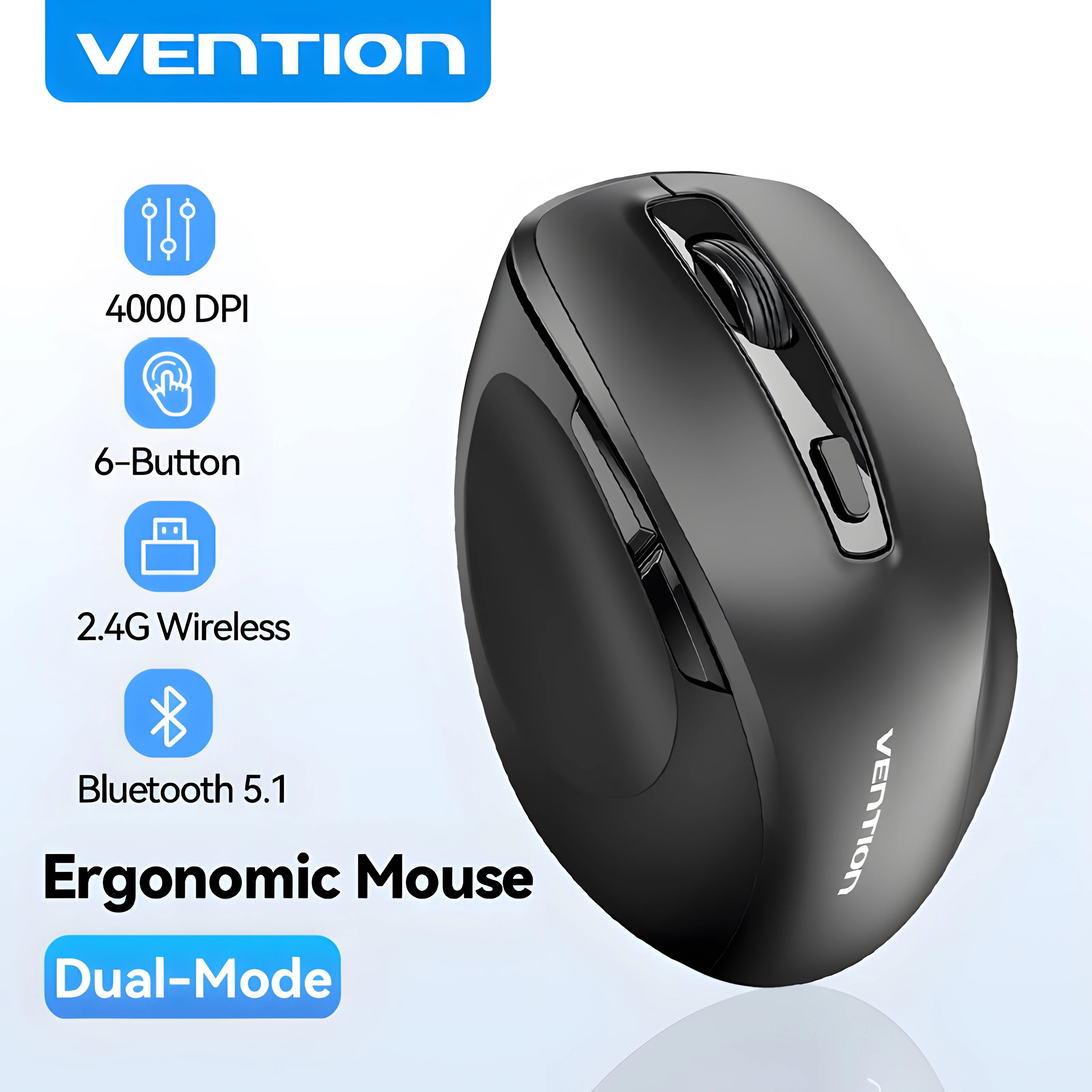Vention Wireless Bluetooth 5.1 Mouse USB 2.4G Dual-Mode Ergonomic 4000 DPI 6 Buttons Mouse for MacBook Tablet Laptop PC Mice