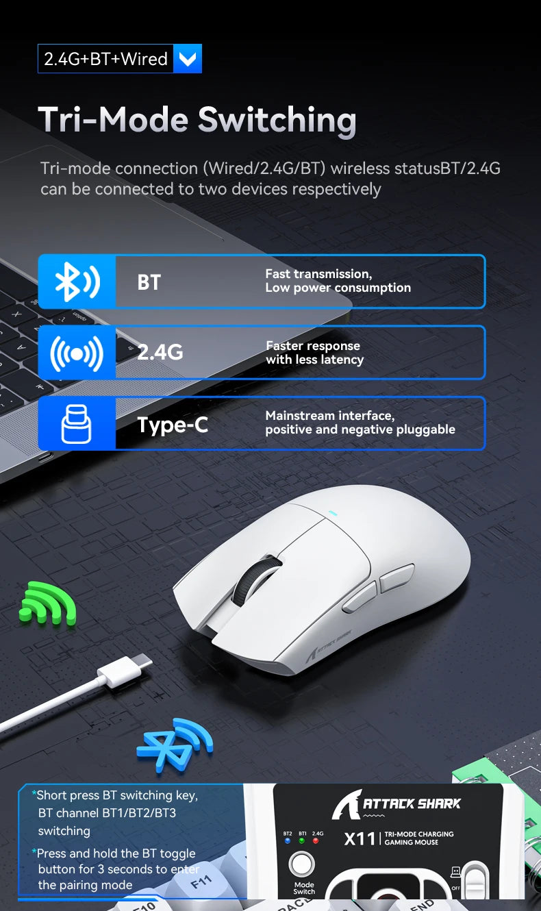 Attack Shark X11 Black Bluetooth Wireless Mouse Three Mode 2.4G PAW3311  RGB  PC Magnetic charging dock ,Gaming E-sports Mouse