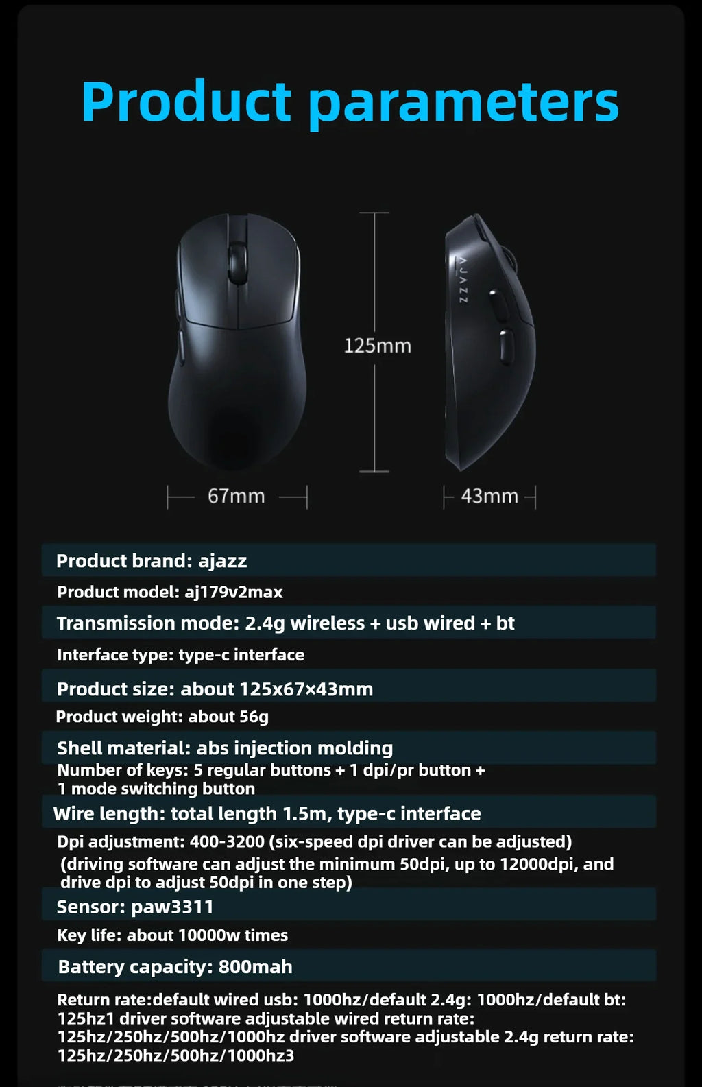 AJAZZ AJ179 V2 MAX Wireless Three Mode Right Hand Mouse PAW3311 12000DPI Macro Definition Low Latency Wired Gaming Mouse