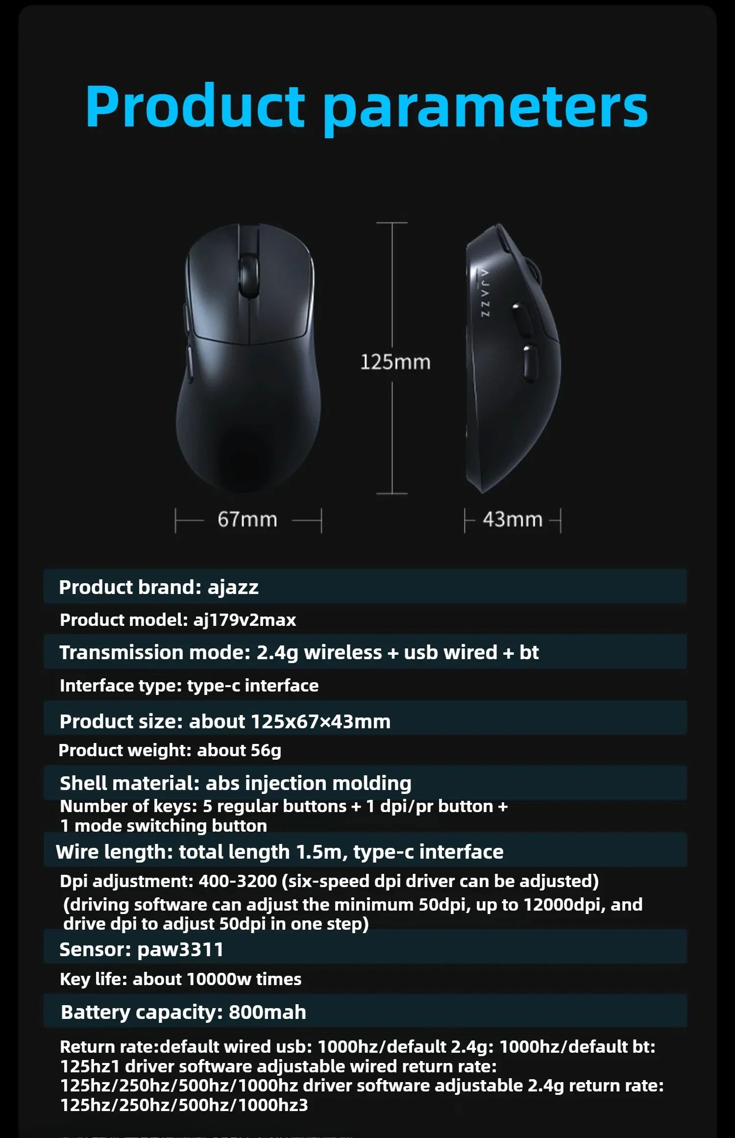 AJAZZ AJ179 V2 MAX Wireless Three Mode Right Hand Mouse PAW3311 12000DPI Macro Definition Low Latency Wired Gaming Mouse
