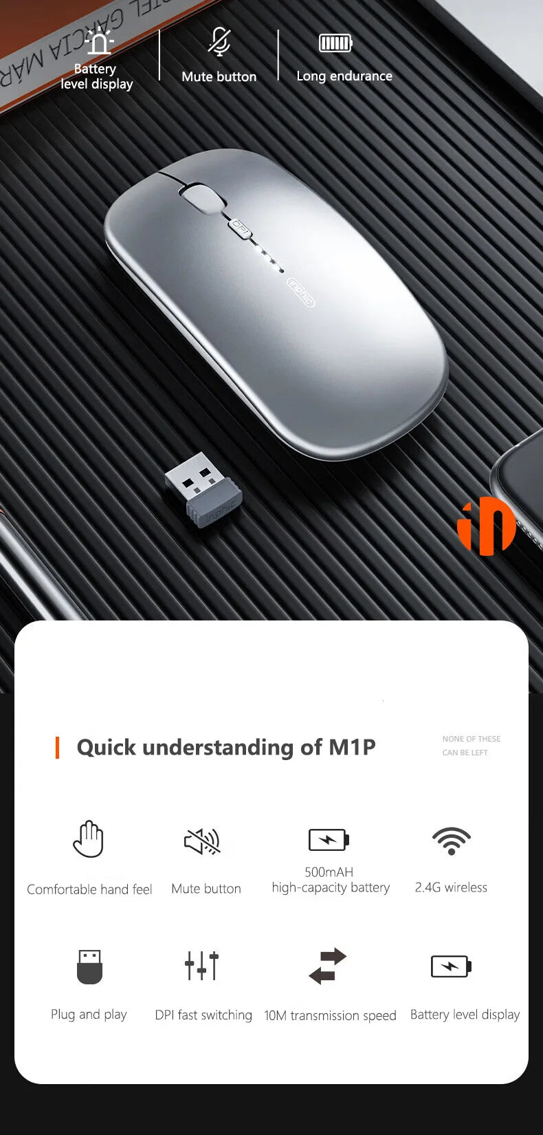 Inphic M1P Rechargeable 2.4G Wireless Mouse Battery Level Display Office Mute Mouse Ultra Thin Portable For Laptop