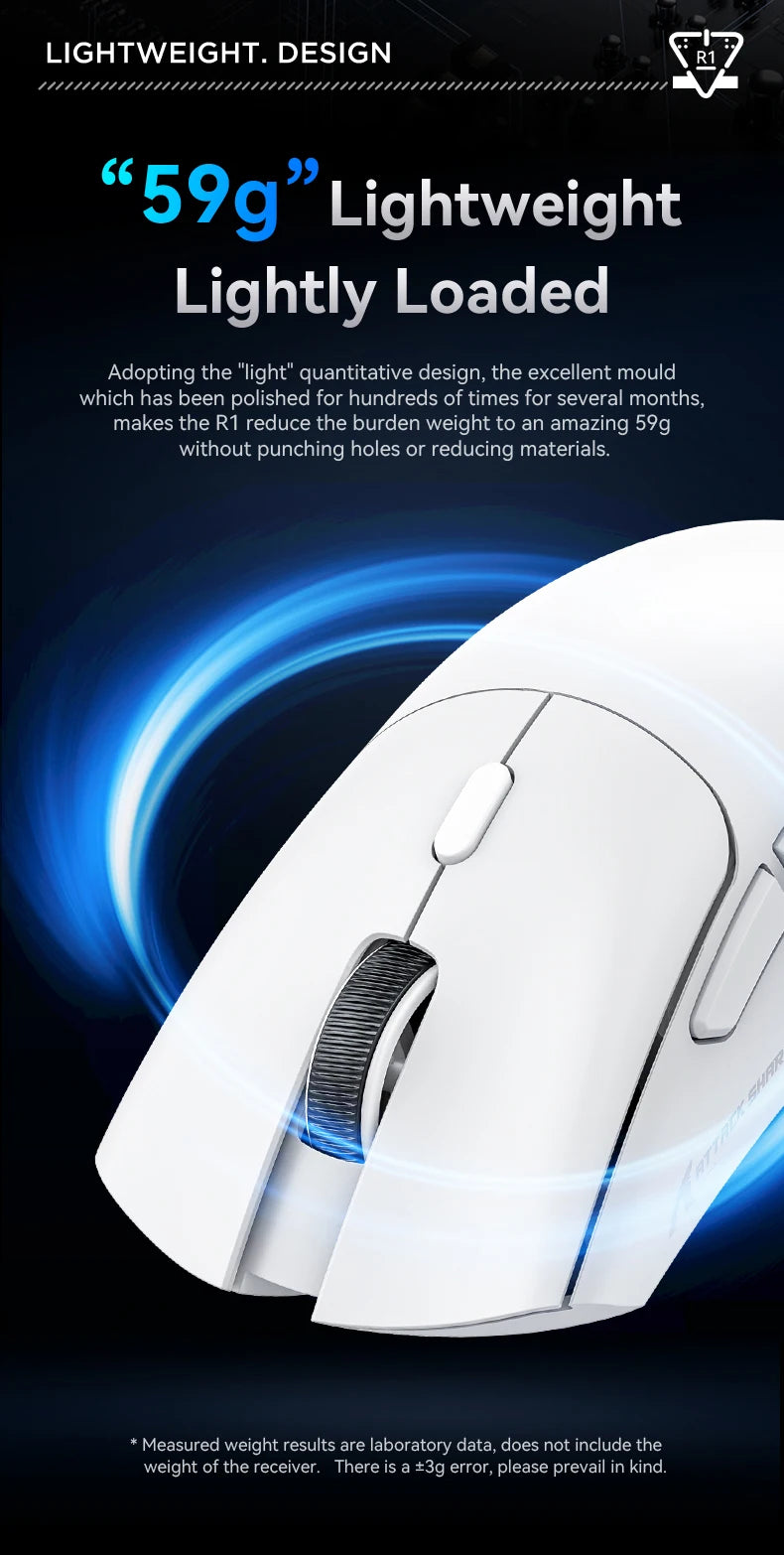 Attack Shark R1 Wireless Gaming Mouse Tri Mode 2.4G Bluetooth Wired 18K DPI 1000Hz PAW3311 Sensor 59g Lightweight Rechargeable