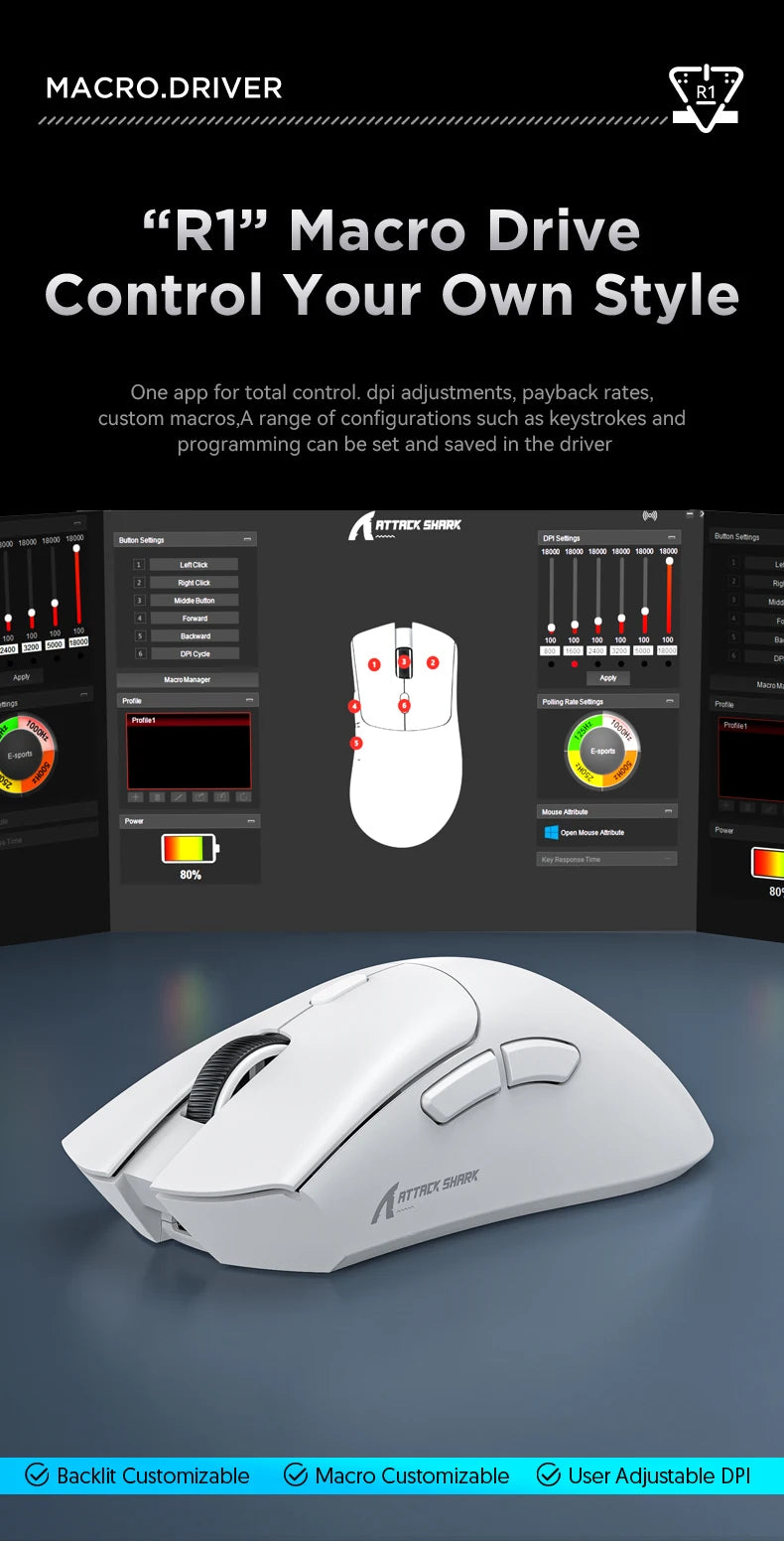 Attack Shark R1 Wireless Gaming Mouse Tri Mode 2.4G Bluetooth Wired 18K DPI 1000Hz PAW3311 Sensor 59g Lightweight Rechargeable