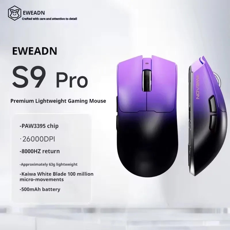 EWEADN S9 Pro Ultra Lightweight Wireless Gaming Mouse Tri-Mode Wireless Mouse 2.4G USB-CBT 8K Polling 26K DPI PAW3395 Mice