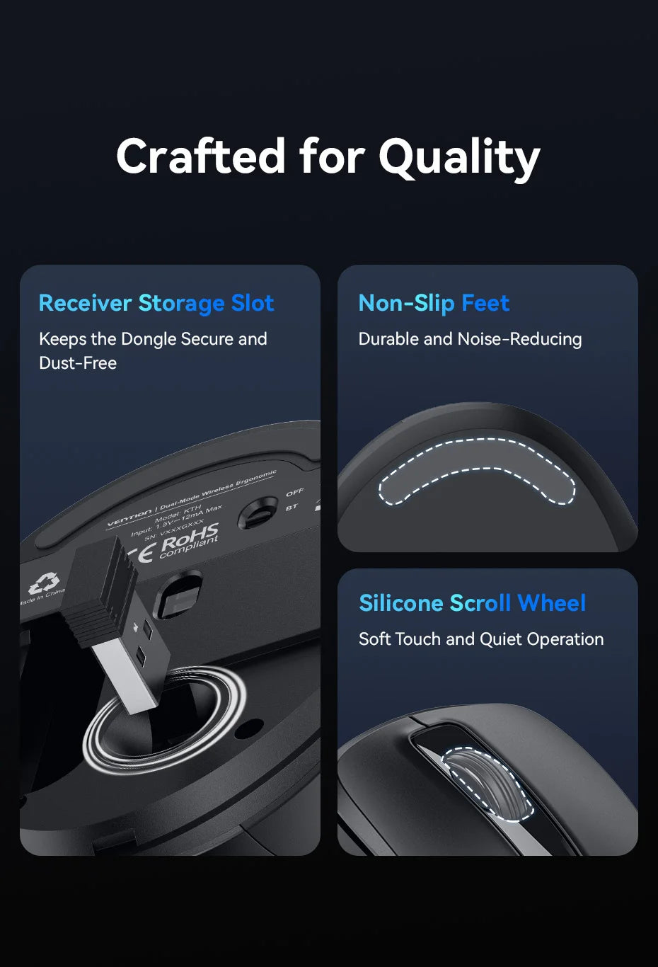 Vention Wireless Bluetooth 5.1 Mouse USB 2.4G Dual-Mode Ergonomic 4000 DPI 6 Buttons Mouse for MacBook Tablet Laptop PC Mice