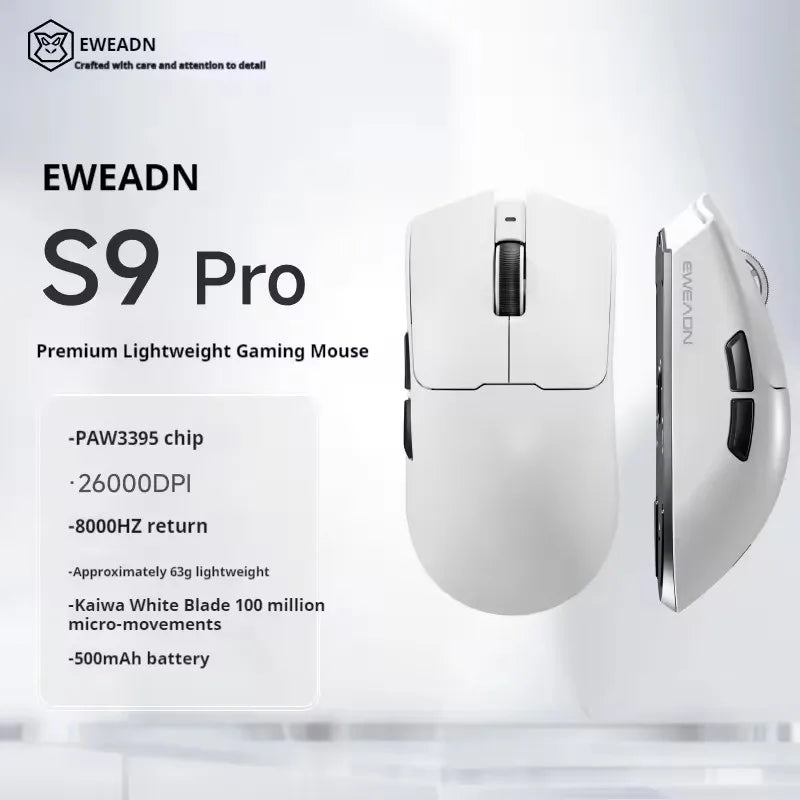 EWEADN S9 Pro Ultra Lightweight Wireless Gaming Mouse Tri-Mode Wireless Mouse 2.4G USB-CBT 8K Polling 26K DPI PAW3395 Mice