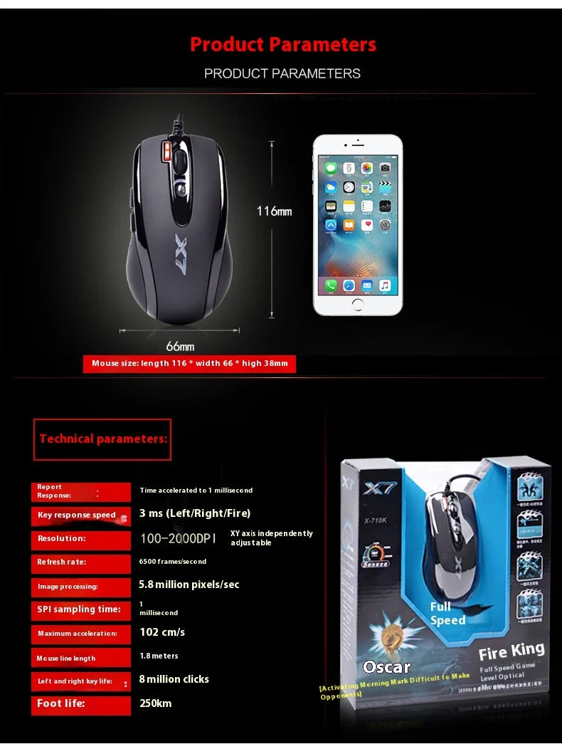 A4TECH Bloody X7-710K Mouse Wired Single-mode Quick Response Low Latency Gaming Mouse PC Office Accessory World of Warcraft Mice