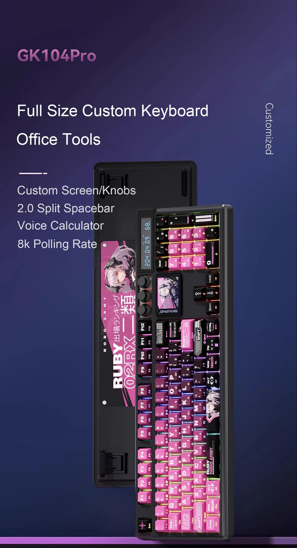 SKYLOONG GK104 Pro Wireless Mechanical Keyboar Full-Size Keyboard Screen&3Knobs RGB Backlit Voice Calculator 8K Polling Rate