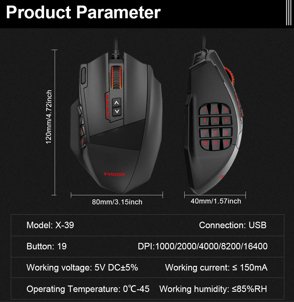 E-YOOSO X-39 USB Wired RGB Gaming Mouse 16400 DPI PAW3327 19 Buttons Programmable Game Optical Mice for Computer PC Laptop