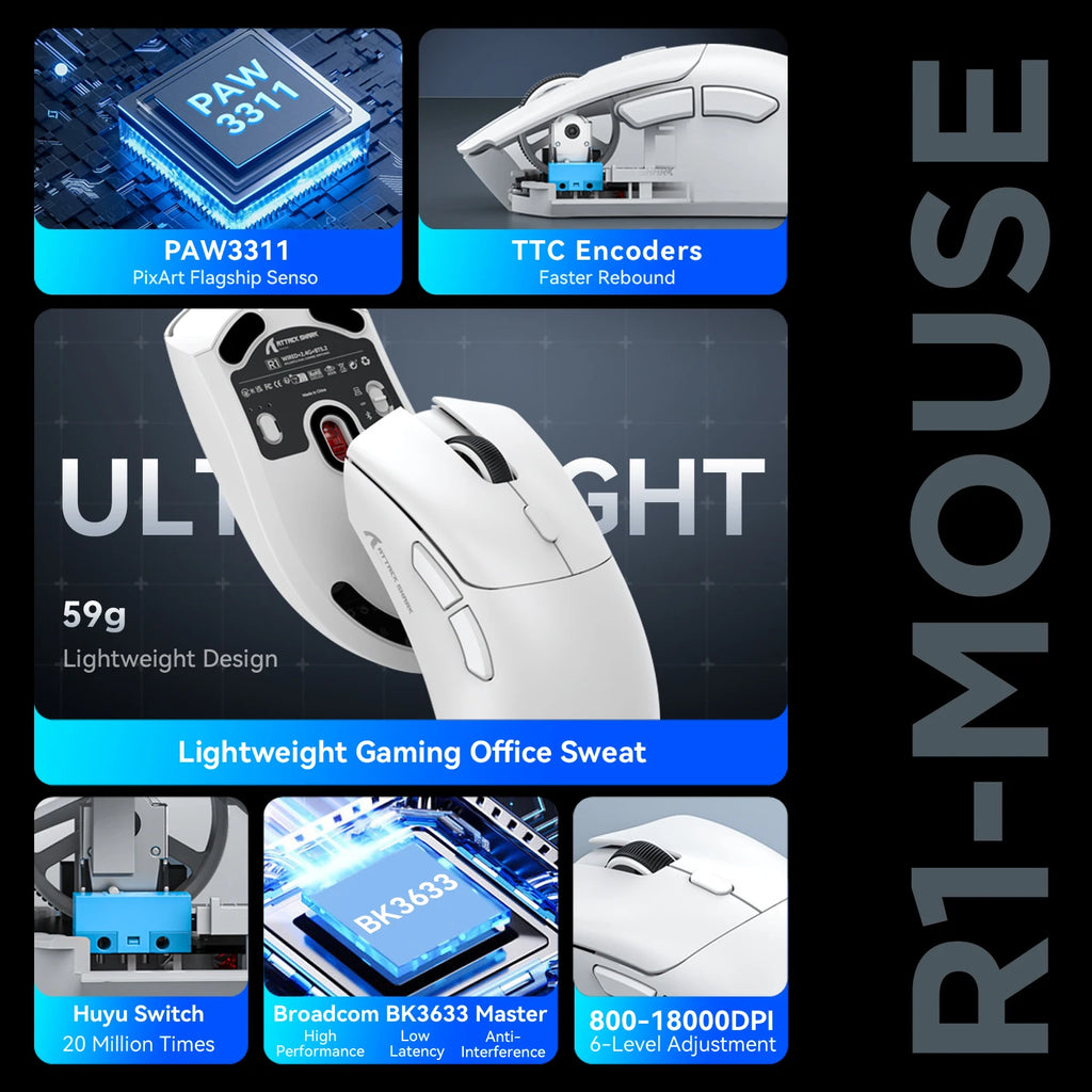 Attack Shark R1 Wireless Gaming Mouse Tri Mode 2.4G Bluetooth Wired 18K DPI 1000Hz PAW3311 Sensor 59g Lightweight Rechargeable