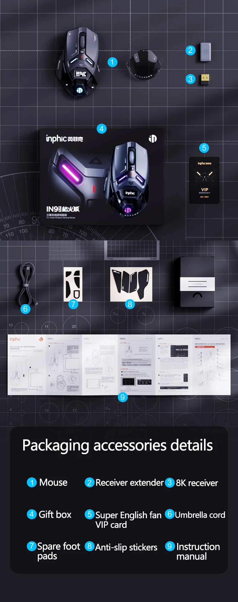 Inphic IN9 Ultra Gaming Mouse PAW3950 Sensor Vibration Feedback OLED Screen Intelligent Display Wireless Mouse Boyfriend's Gift