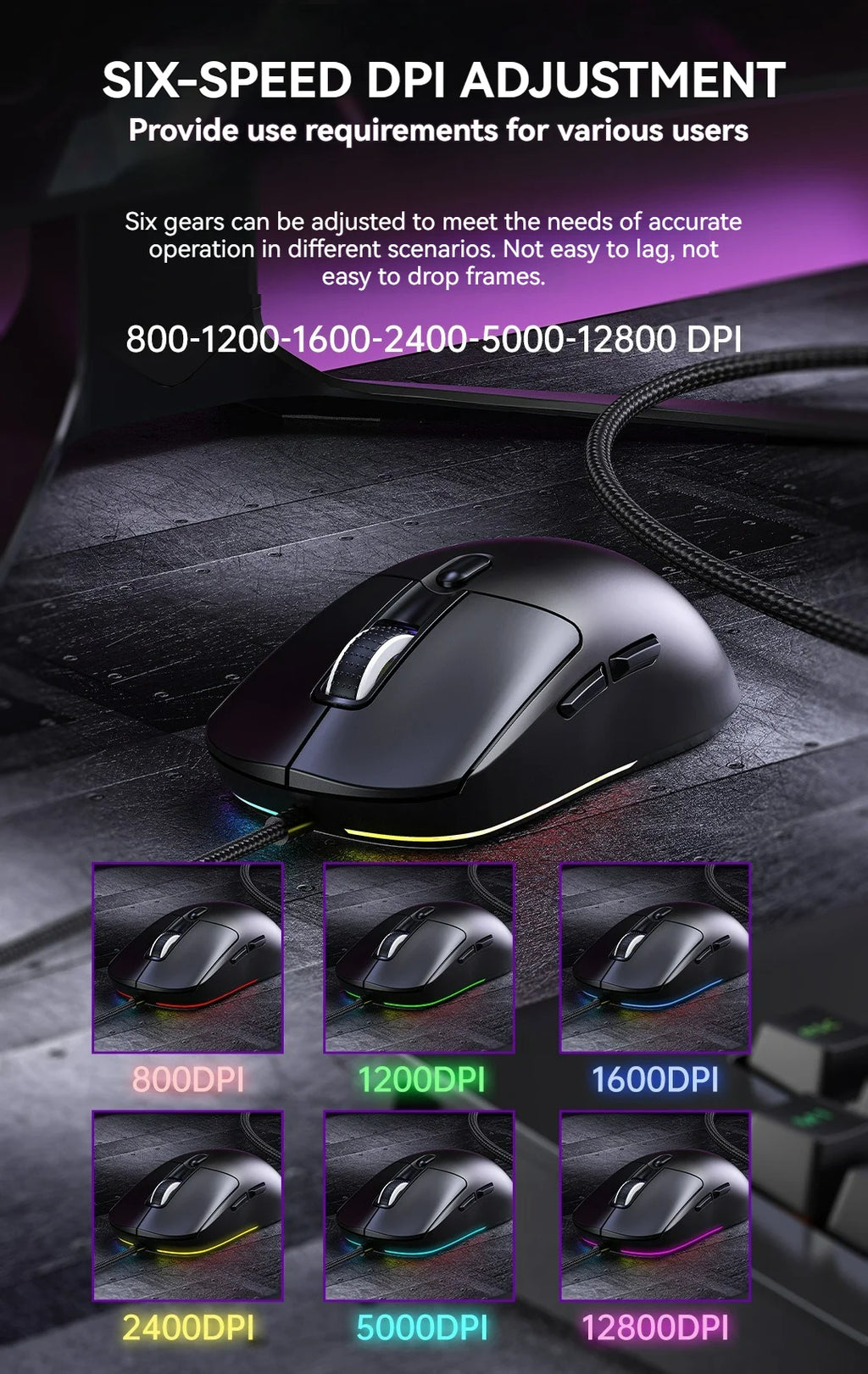 Wired Game Mouse 6 Levels DPI Adjustable Up to 12800DPI Instant A825 Chip RGB Macro Programming Ergonomic Design Universal Mouse