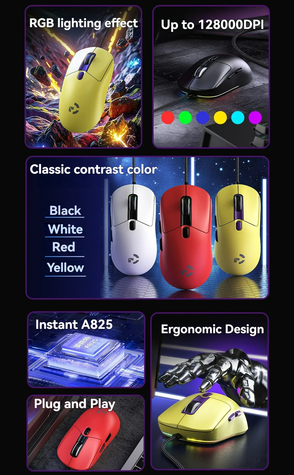 Wired Game Mouse 6 Levels DPI Adjustable Up to 12800DPI Instant A825 Chip RGB Macro Programming Ergonomic Design Universal Mouse
