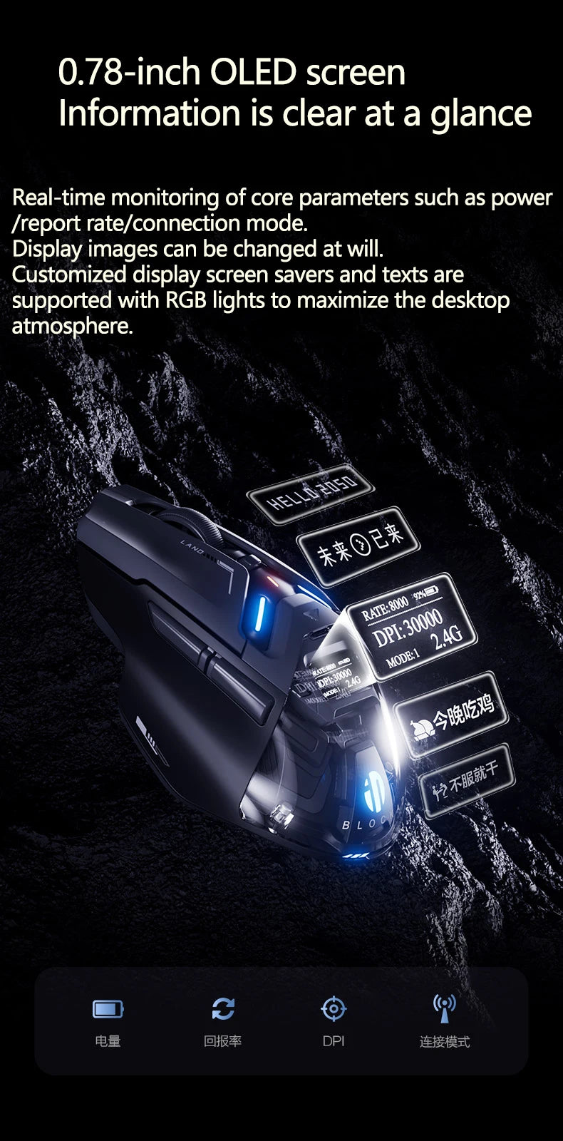 Inphic IN9 Ultra Gaming Mouse PAW3950 Sensor Vibration Feedback OLED Screen Intelligent Display Wireless Mouse Boyfriend's Gift