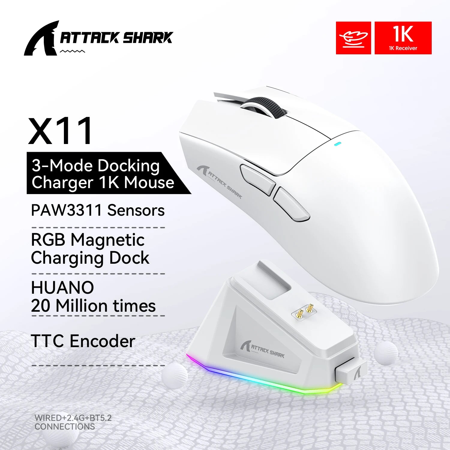 Attack Shark X11 X6 X3 R1 Wireless Gaming Mouse, RGB, Ergonomic, Macro Functions, Ultra-Light, Tri-Mode Bluetooth 2.4G Wired