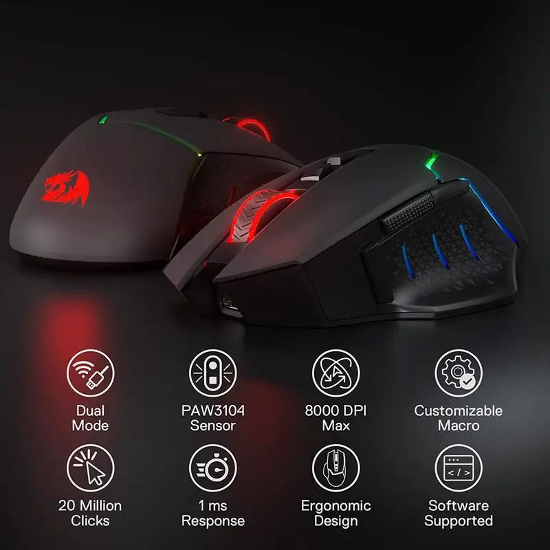Redragon M690 PRO Wireless Gaming Mouse 8000 DPI Wired Mouse Rapid Fire Key 8 Macro Buttons for PC/Mac/Laptop, Black/White Mouse