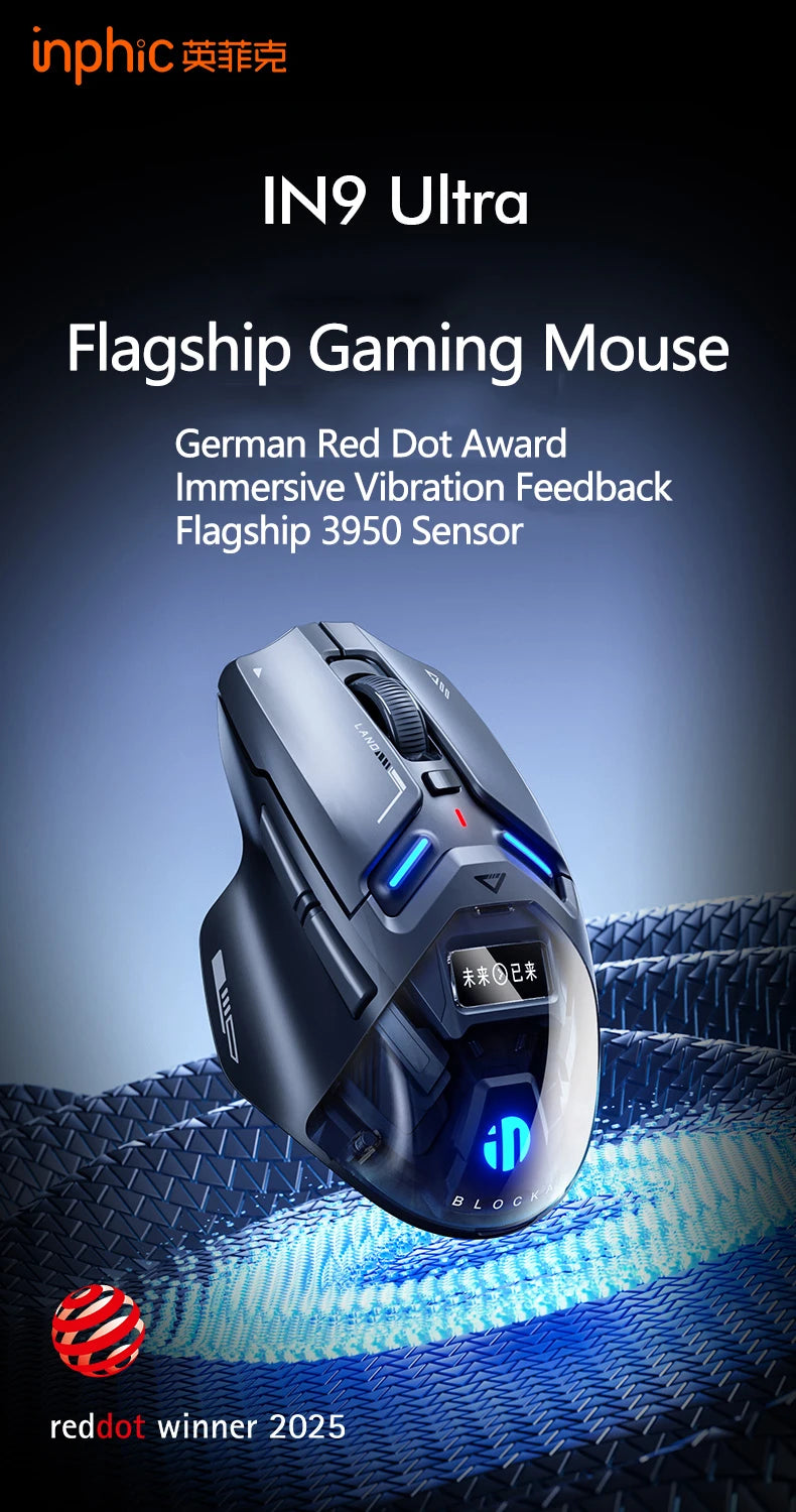 Inphic IN9 Ultra Gaming Mouse PAW3950 Sensor Vibration Feedback OLED Screen Intelligent Display Wireless Mouse Boyfriend's Gift