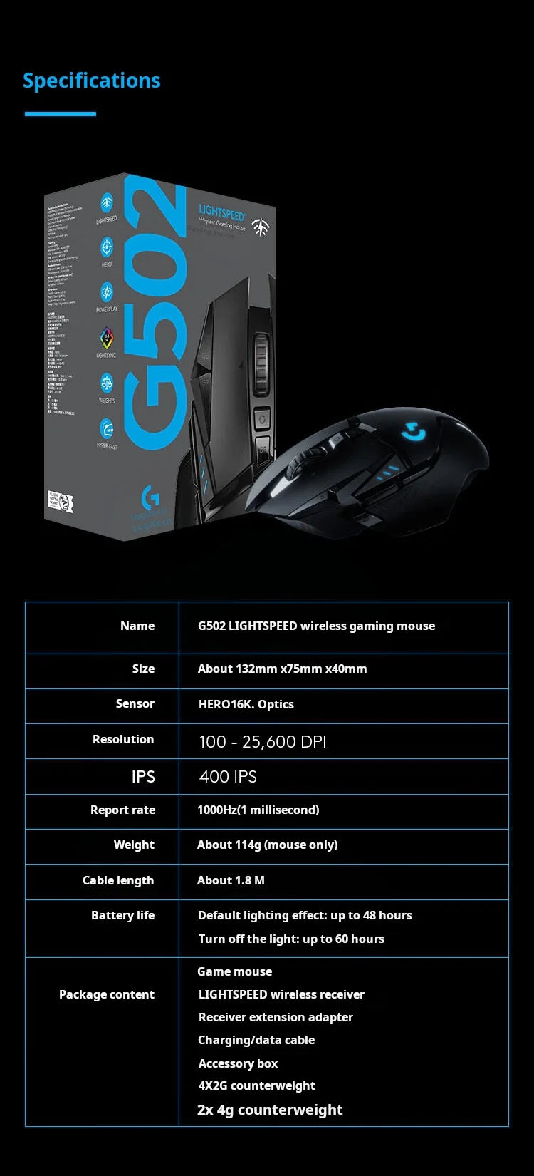 Logitech G502X Wireless Mouse - New Optical-Mechanical Hybrid Microswitch Lightweight Design HERO Engine Gaming Mouse