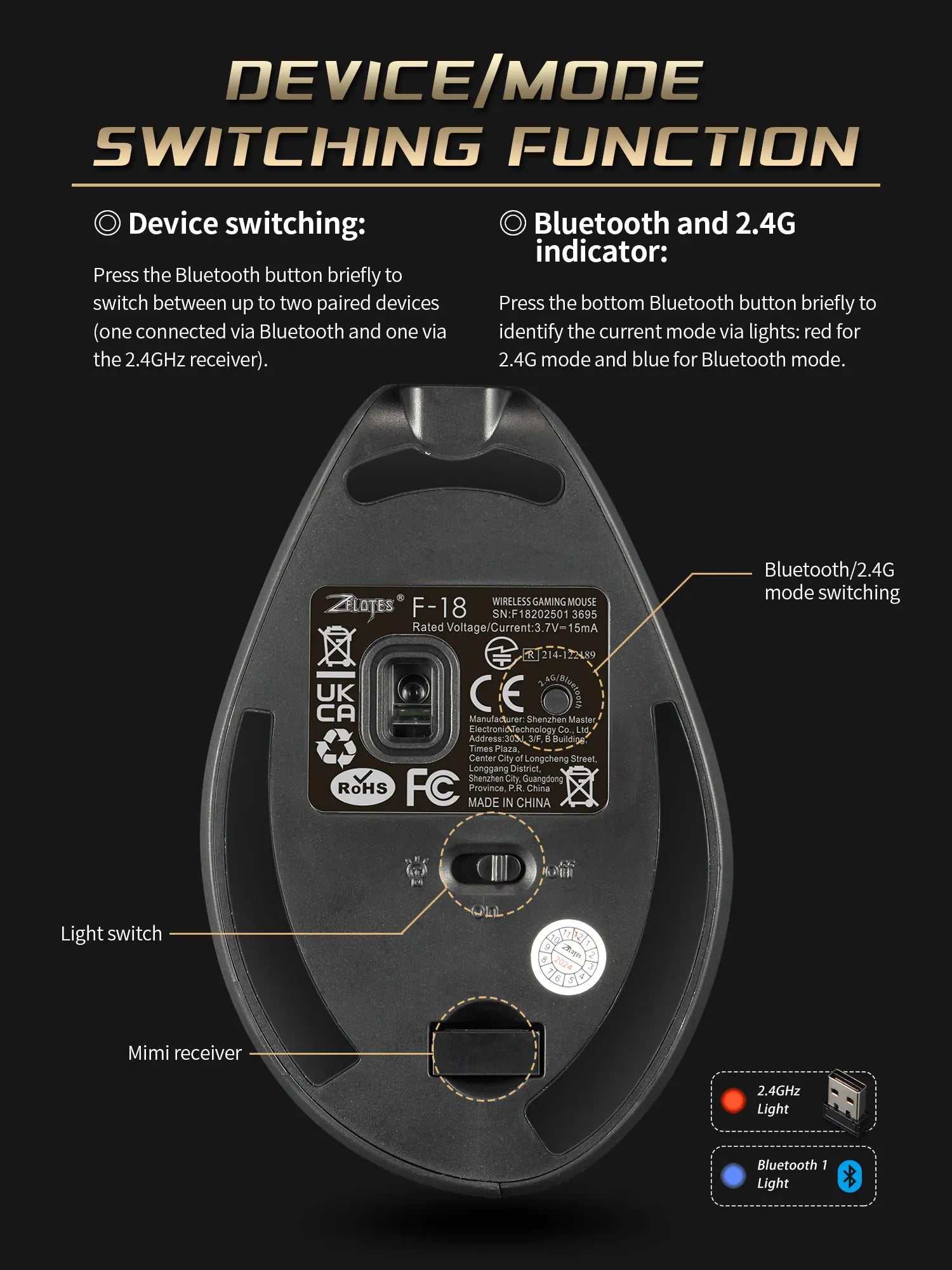 ZELOTES F18 Wireless Mouse Programming Ergonomic Mouse 2.4G Mute 24000 DPI Bluetooth Game Mouse for Laptop PC Computer Desktop