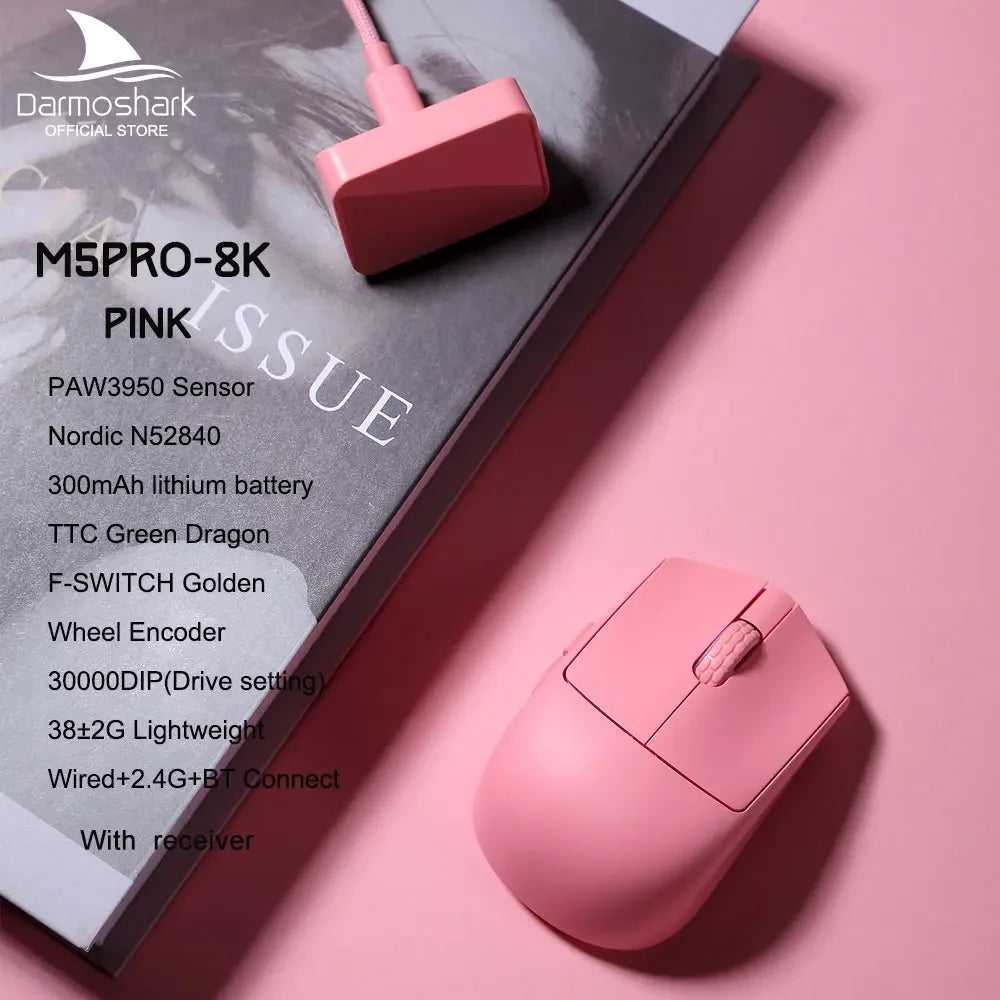 Darmoshark  M5 Pro Mouse PAW3950 Wireless 8K Bluetooth Tri-Mode Connection Gaming Macro Mouse 30000DPI N52840 38g Lightweight