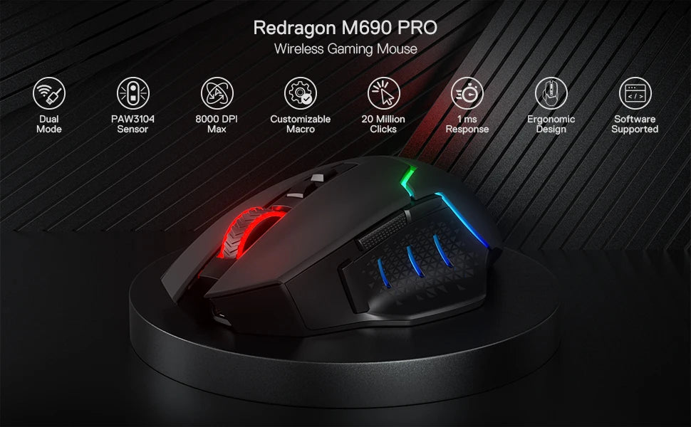 Redragon M690 PRO Wireless Gaming Mouse 8000 DPI Wired Mouse Rapid Fire Key 8 Macro Buttons for PC/Mac/Laptop, Black/White Mouse