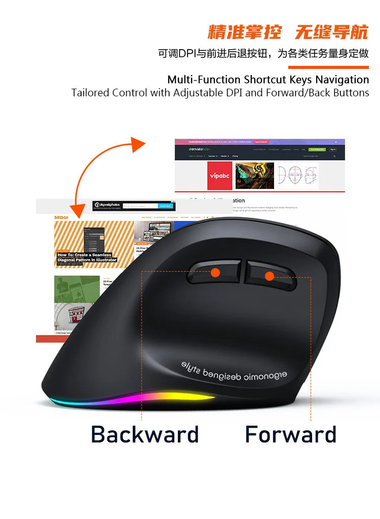 Meetion Mishen Left-Handed Ergonomic Vertical Wireless Mouse Black Light Version Rechargeable Btm010 DPI 2400 Bluetooth