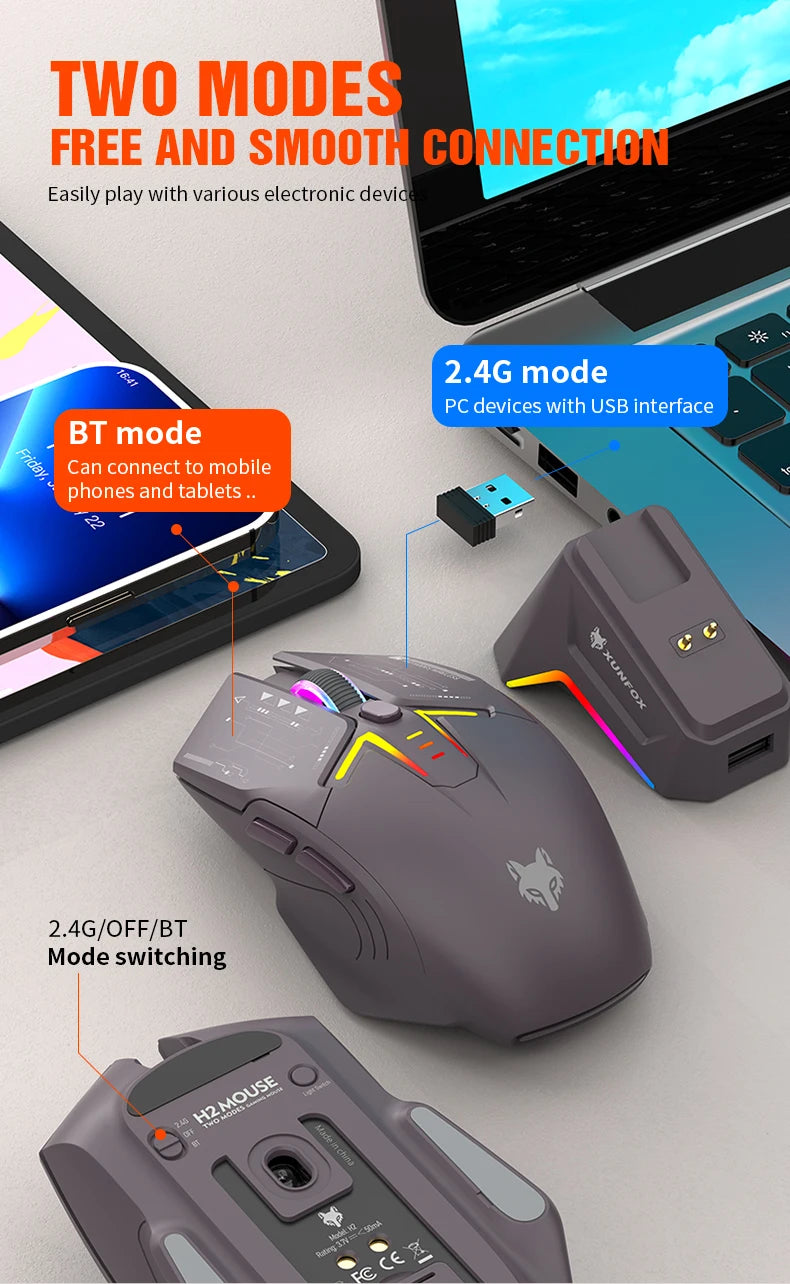 XUNFOX H2 wireless Bluetooth mouse RGB magnetic charging dual-mode e-sports game desktop laptop universal