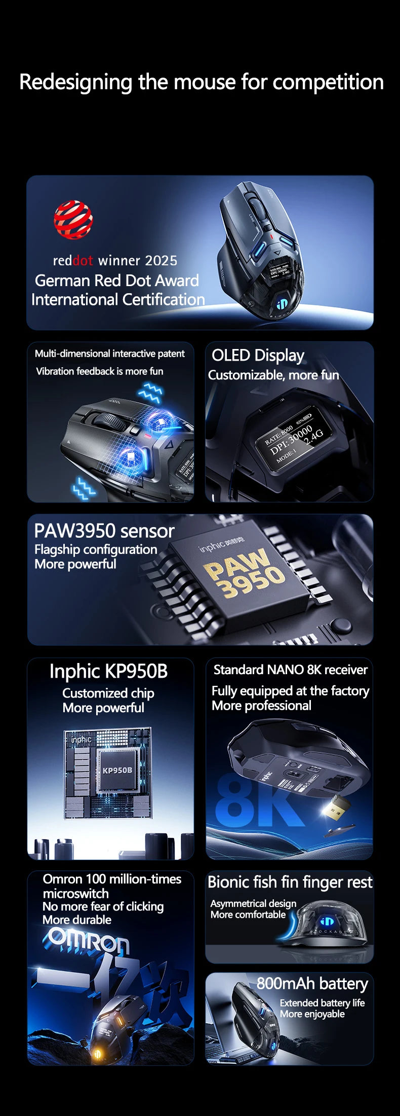 Inphic IN9 Ultra Gaming Mouse PAW3950 Sensor Vibration Feedback OLED Screen Intelligent Display Wireless Mouse Boyfriend's Gift