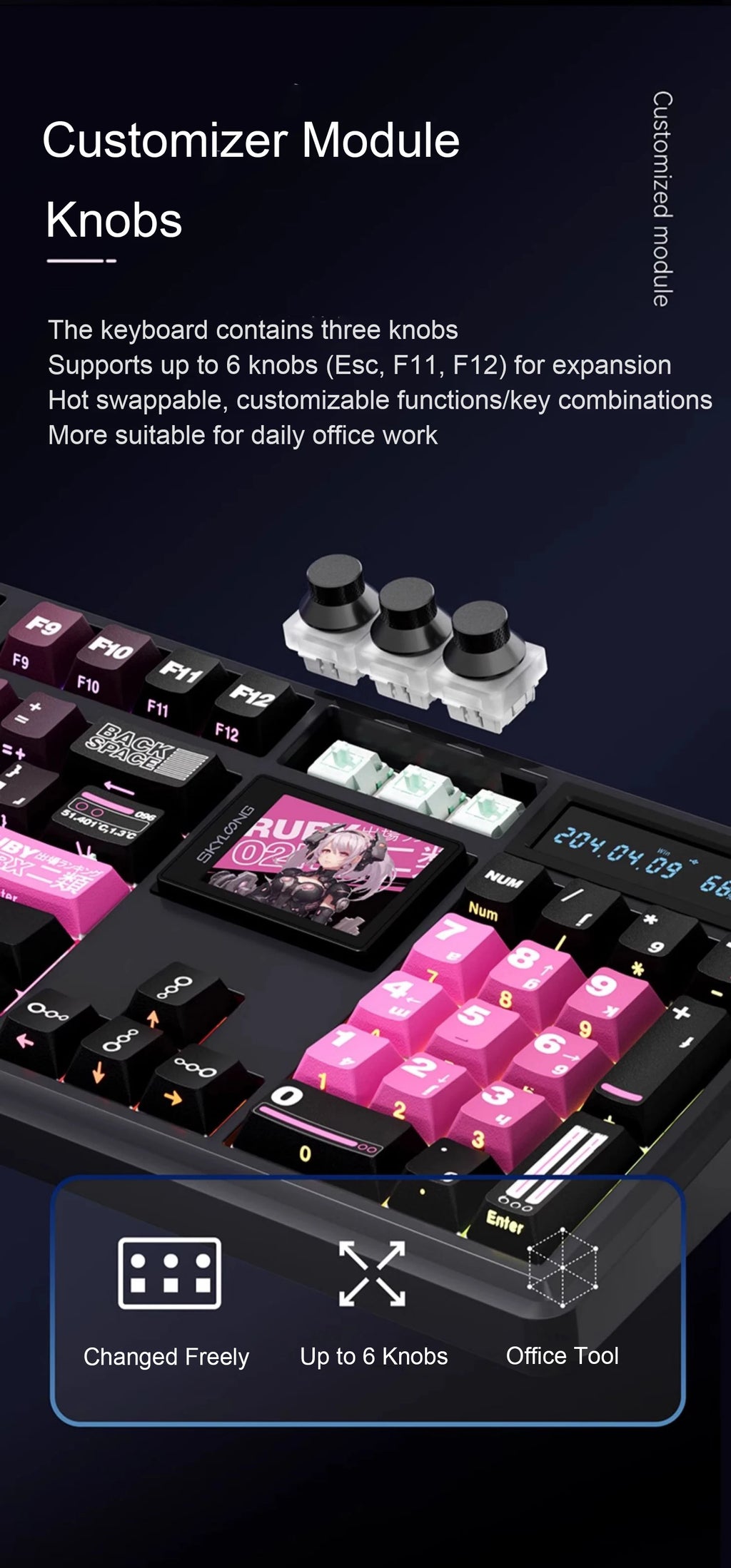 SKYLOONG GK104 Pro Wireless Mechanical Keyboar Full-Size Keyboard Screen&3Knobs RGB Backlit Voice Calculator 8K Polling Rate