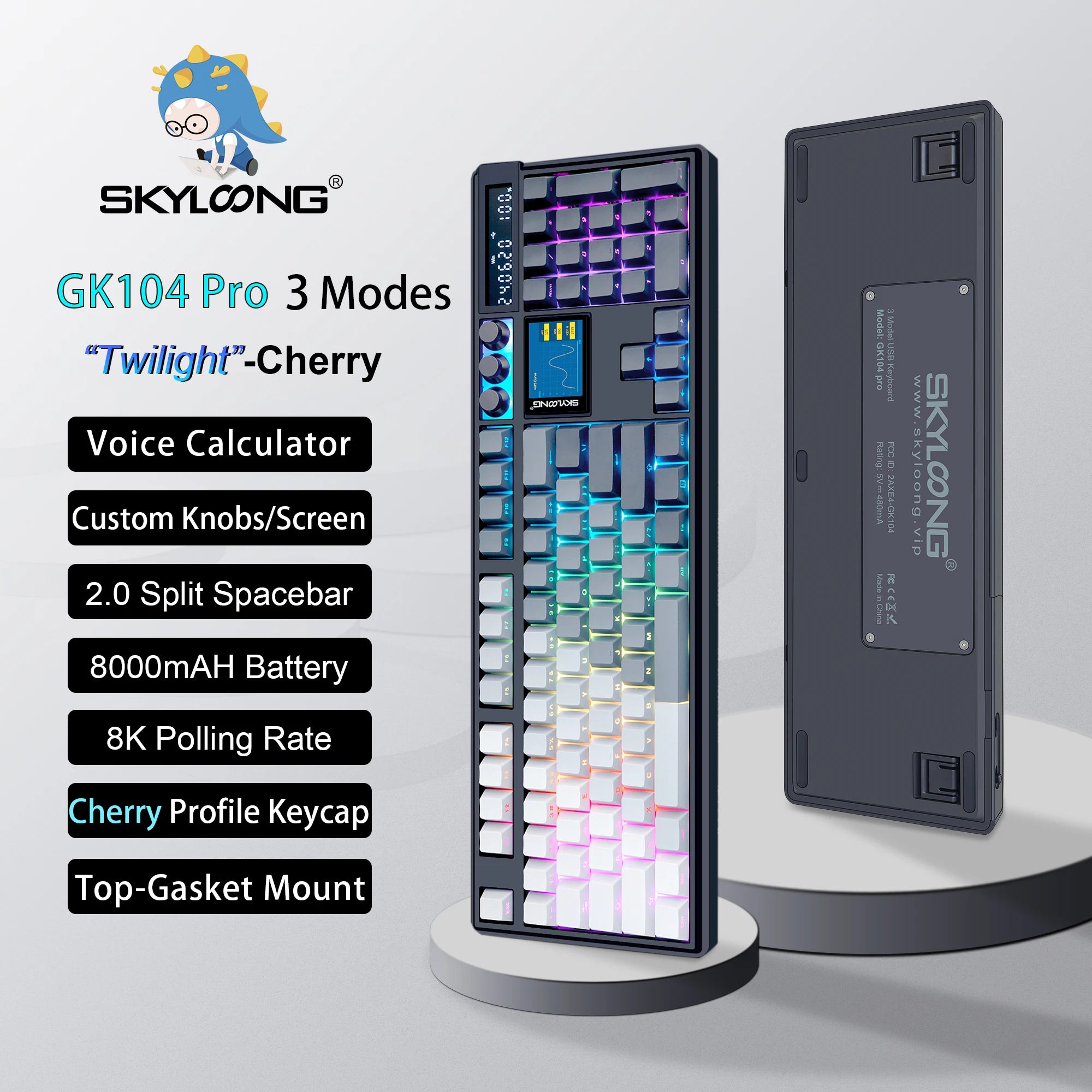 SKYLOONG GK104 Pro Wireless Mechanical Keyboar Full-Size Keyboard Screen&3Knobs RGB Backlit Voice Calculator 8K Polling Rate