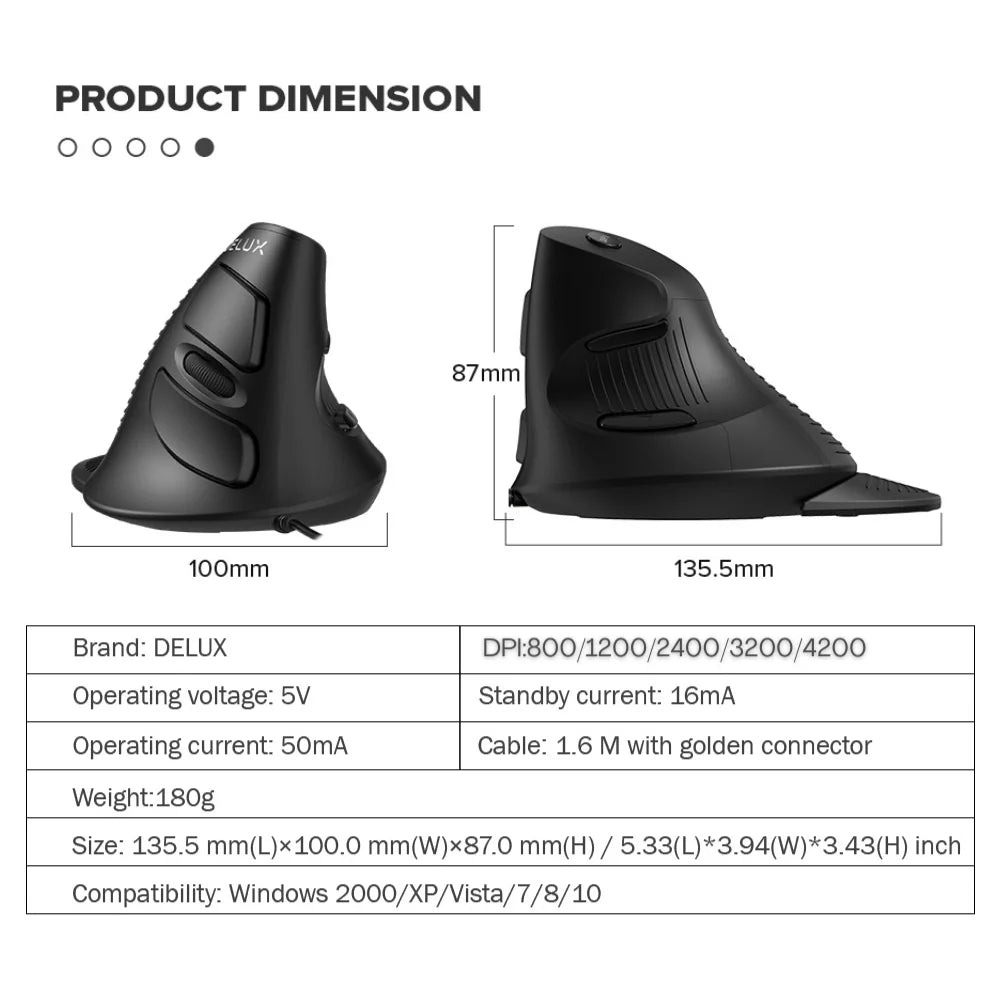 Delux M618 BU Ergonomic Vertical Mouse 6 Buttons 800/1200/1600 DPI Optical Right Hand Mice with Wrist mat For PC Laptop