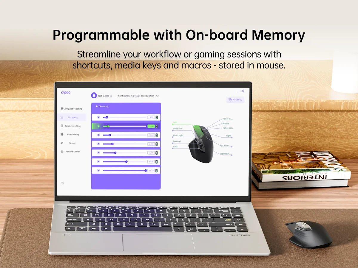 Rapoo MT760PRO Wireless Mouse NearLink + Bluetooth 5.0 Multi-Device 12000 DPI 2K Polling Rate Ergo for Work Gaming Quiet Clicks