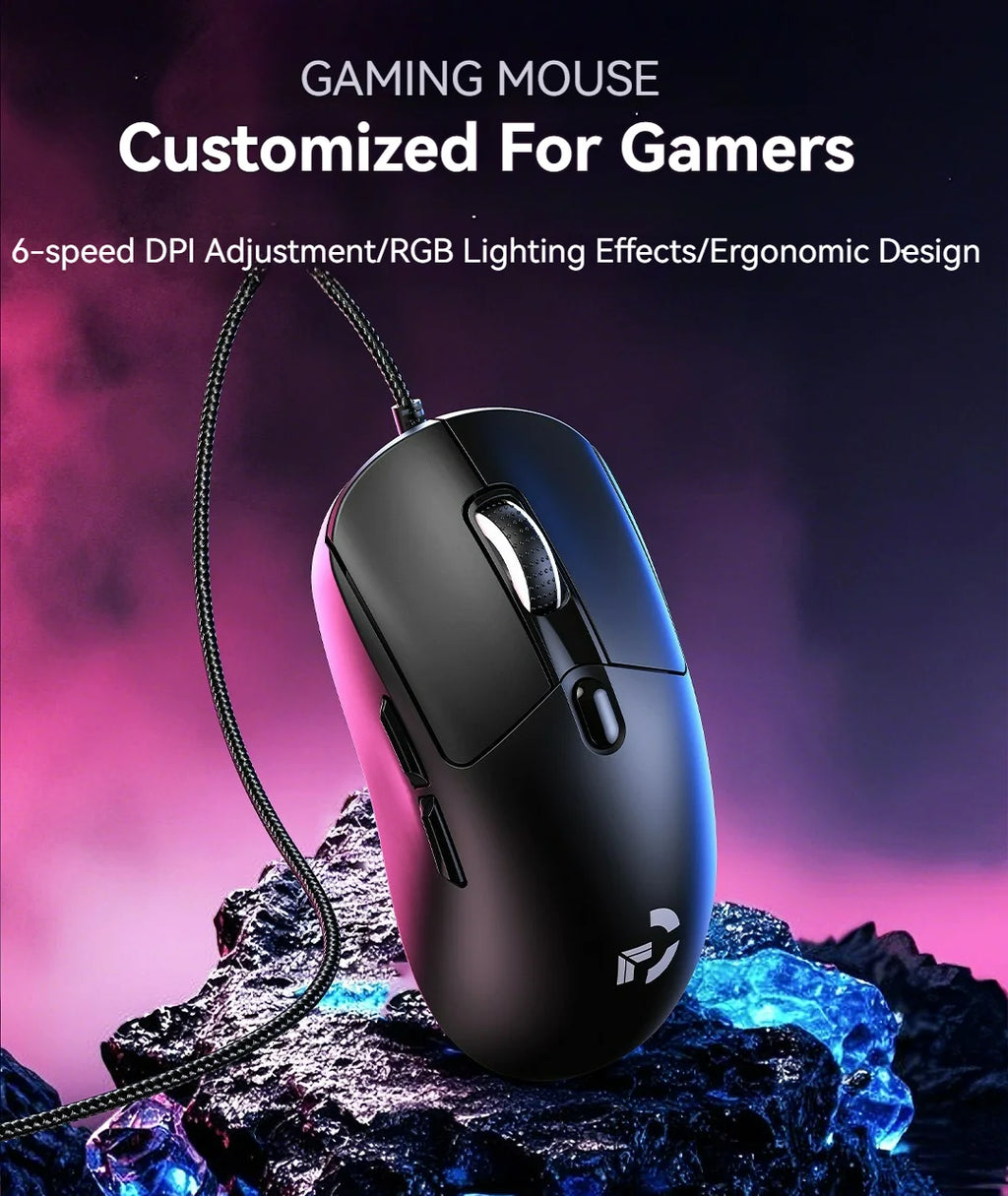 Wired Game Mouse 6 Levels DPI Adjustable Up to 12800DPI Instant A825 Chip RGB Macro Programming Ergonomic Design Universal Mouse