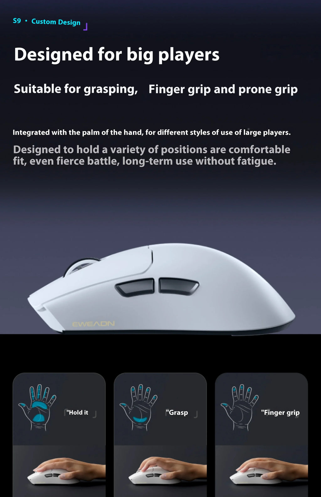 EWEADN S9 Pro Ultra Lightweight Wireless Gaming Mouse Tri-Mode Wireless Mouse 2.4G USB-CBT 8K Polling 26K DPI PAW3395 Mice