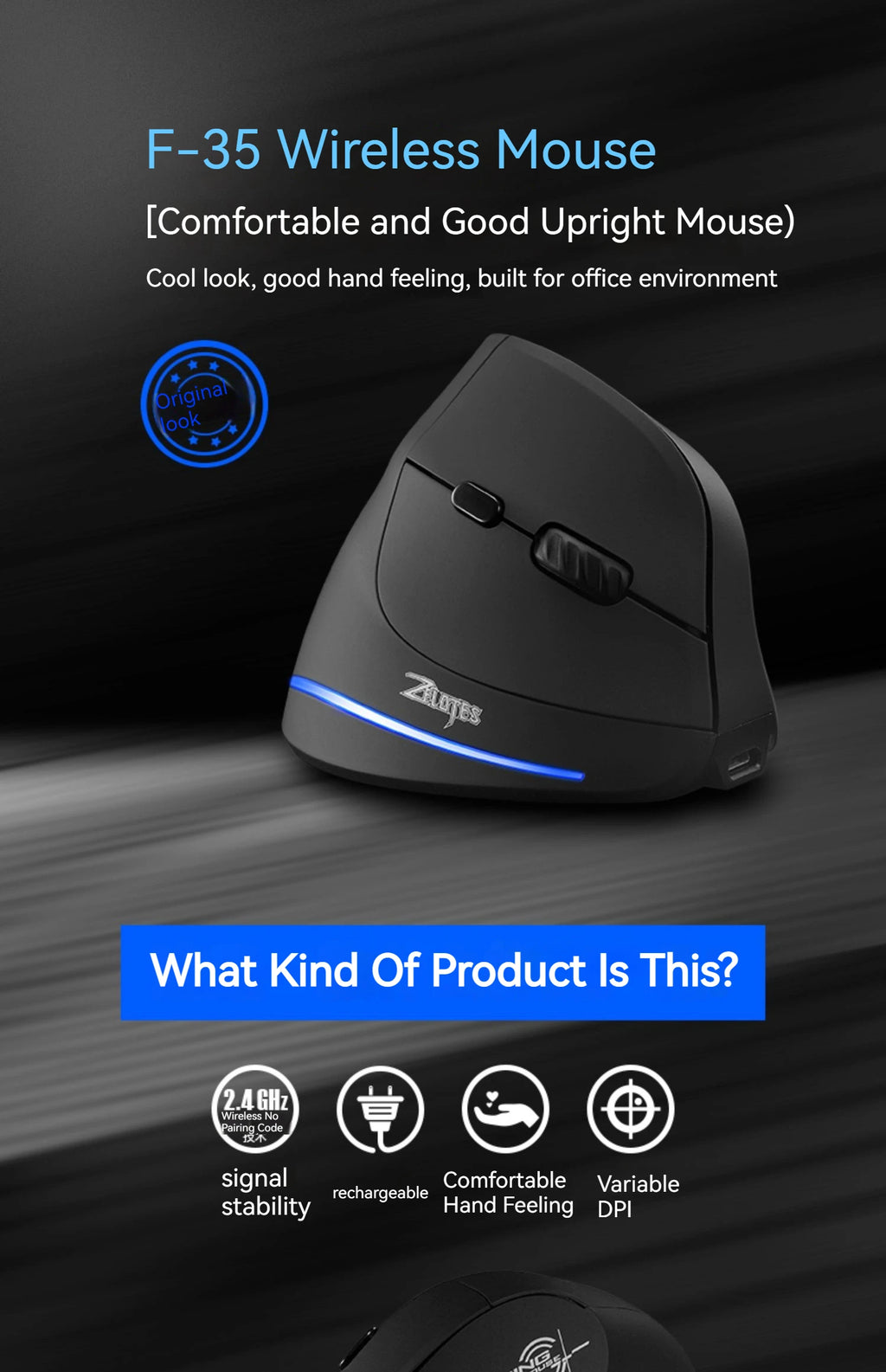 Zelotes F-35 Wireless Gaming Mouse Erect Position 2.4G Rechargeable Three Levels DPI Adjustable Office/Gaming Computer Mouse