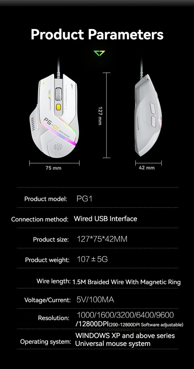Inphic Pg1 Wired Mouse Gaming Mouse RGB Light Emitting   Macro Programming 12800DPI  6 Keys Computer Mouse 1000hz Polling Rate