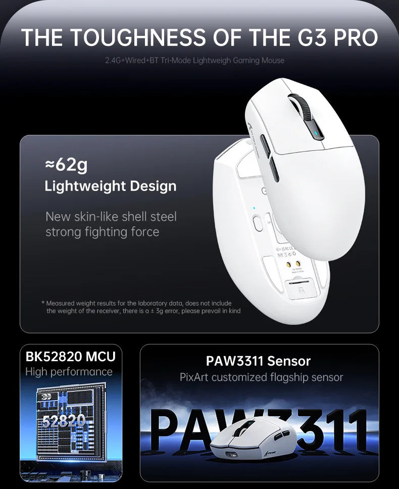 Hot Sales ATTACK SHARK G3PRO Gaming Wireless 3-Mode Bluetooth RGB PAW3311 25000dpi 2.4GHz 62g Mouse with Charger for PC/MAC/Wins