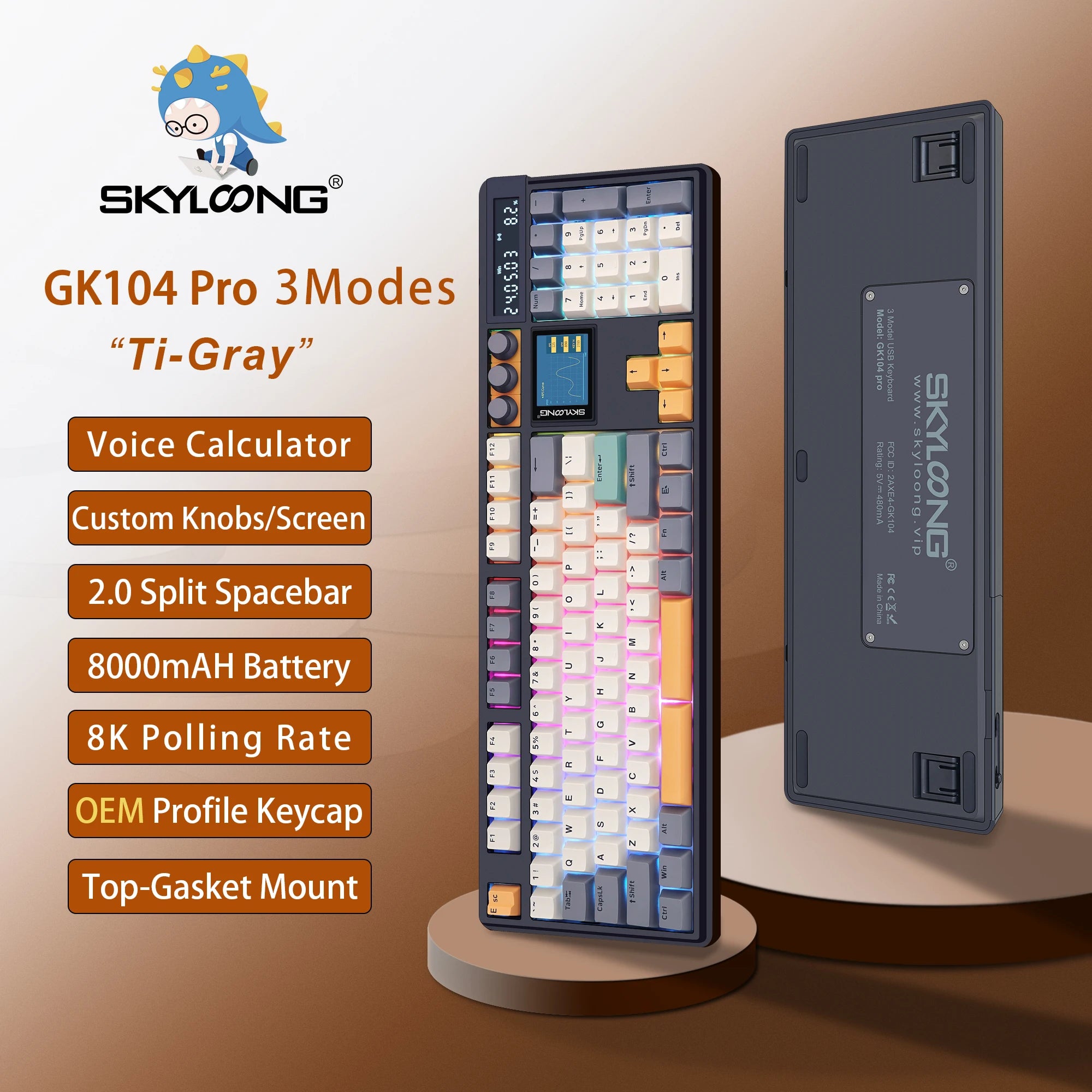 SKYLOONG GK104 Pro Wireless Mechanical Keyboar Full-Size Keyboard Screen&3Knobs RGB Backlit Voice Calculator 8K Polling Rate