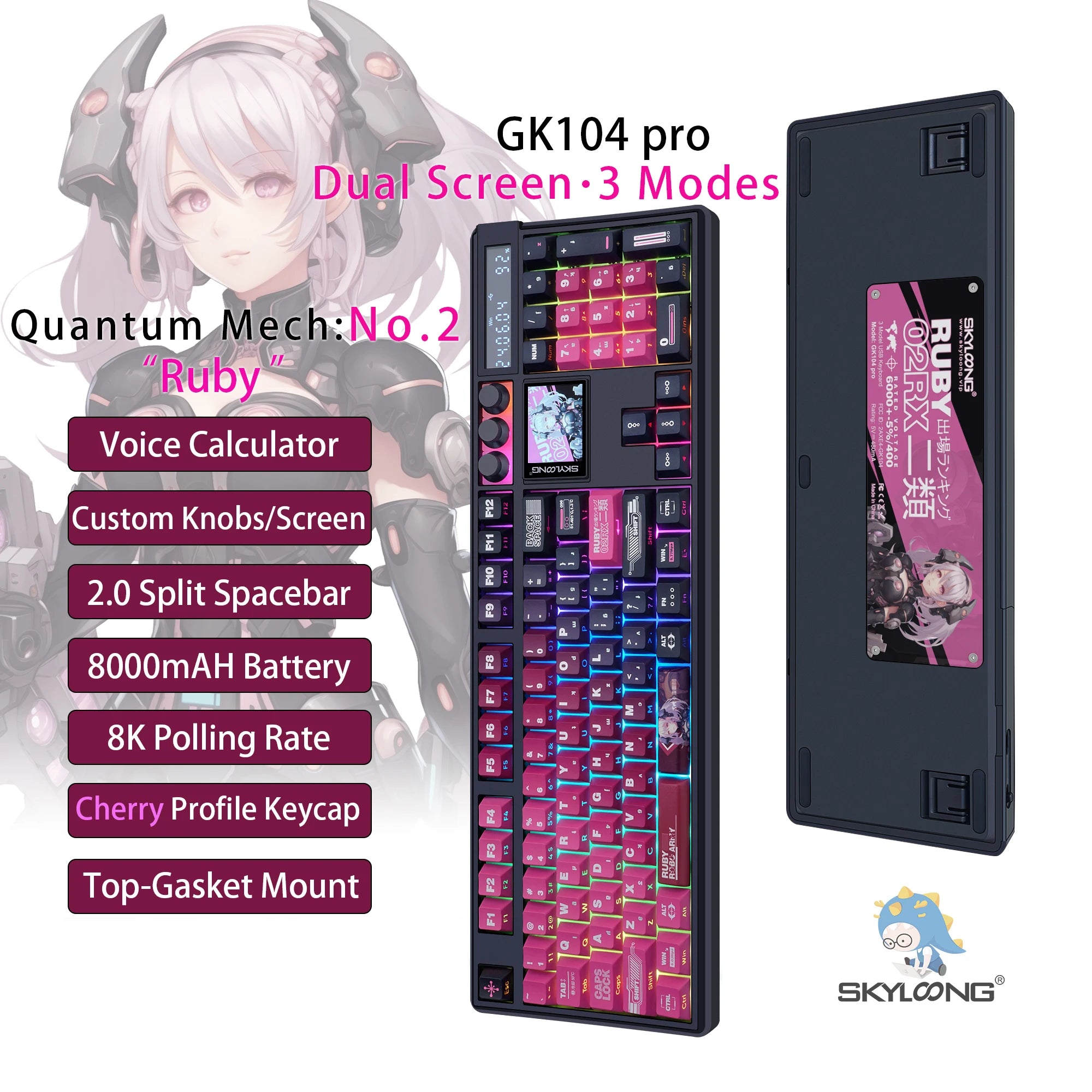 SKYLOONG GK104 Pro Wireless Mechanical Keyboar Full-Size Keyboard Screen&3Knobs RGB Backlit Voice Calculator 8K Polling Rate