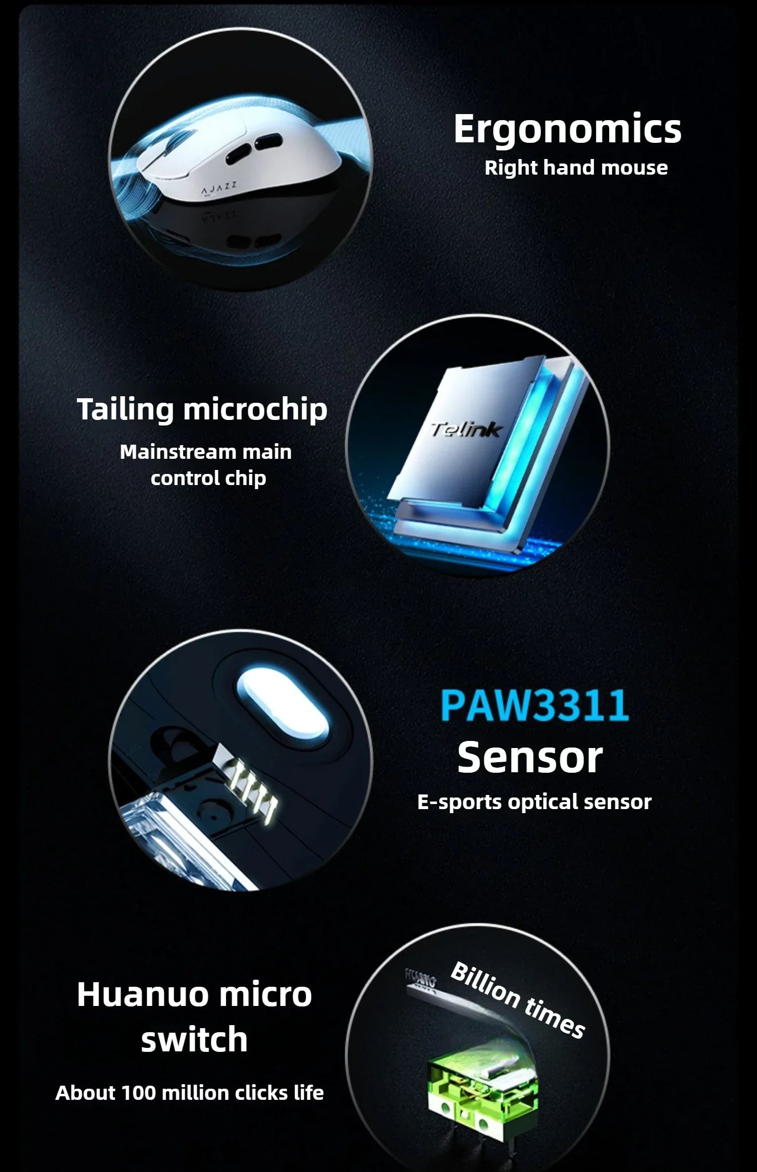 AJAZZ AJ179 V2 MAX Wireless Three Mode Right Hand Mouse PAW3311 12000DPI Macro Definition Low Latency Wired Gaming Mouse